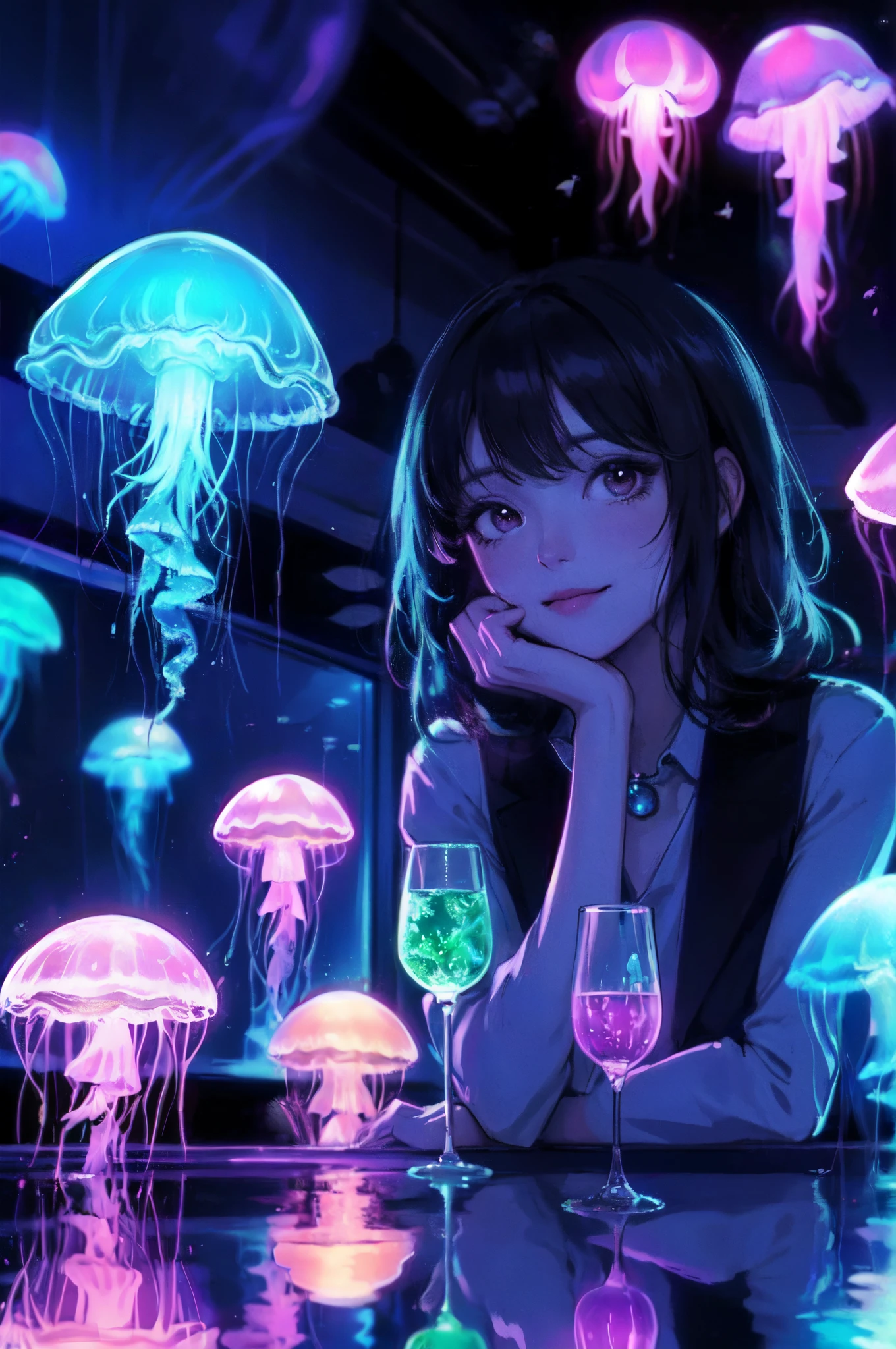 1lady solo, staring at jellyfish in the tank, /(stylish outfit/), mature female, /(black hair/) bangs, light smile, (eyes sparkling with fascination), (masterpiece best quality:1.3) delicate illustration ultra-detailed BREAK (jellyfish glowing neon under the black light) BREAK (dimly lit room of an aquarium indoors)