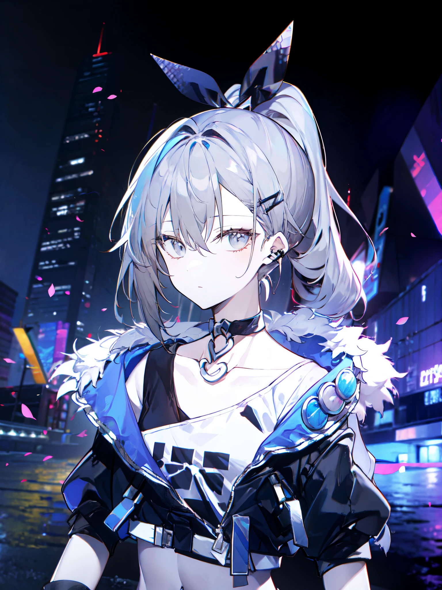 (masterpiece:1.2), (pale skin:1.2), (solo:1.2), (female:1.1), (emphasis lines:1.3), ponytail, (ringlets:1.3), gray hair, black gloves, collarbone, choker, outdoors, silver eyes