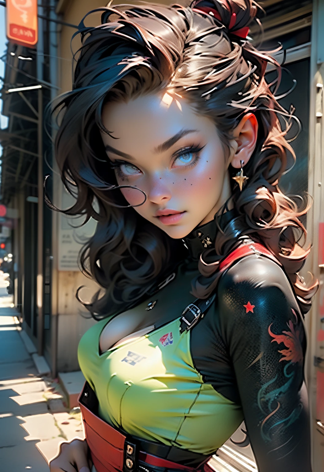 (An ultra-detailed CG illustration with high-quality and dynamic angles: Cat-Woman is featured wearing a desirable techwear jacket, revealing a line of sexy, futuristic clothing.), (she has the face of Monica Bellucci), (she has a hood with cat ear shaped corners), ((she has puffy, (lime green clear visor)