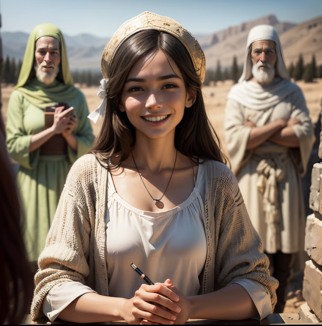 Kindly craft a realistic image of Jesus Christ smiling, set against the backdrop of ancient Israel. Enrich the details, with a particular emphasis on highlighting the image. Capture a warm and authentic portrayal, bringing out the essence of joy --auto --s2