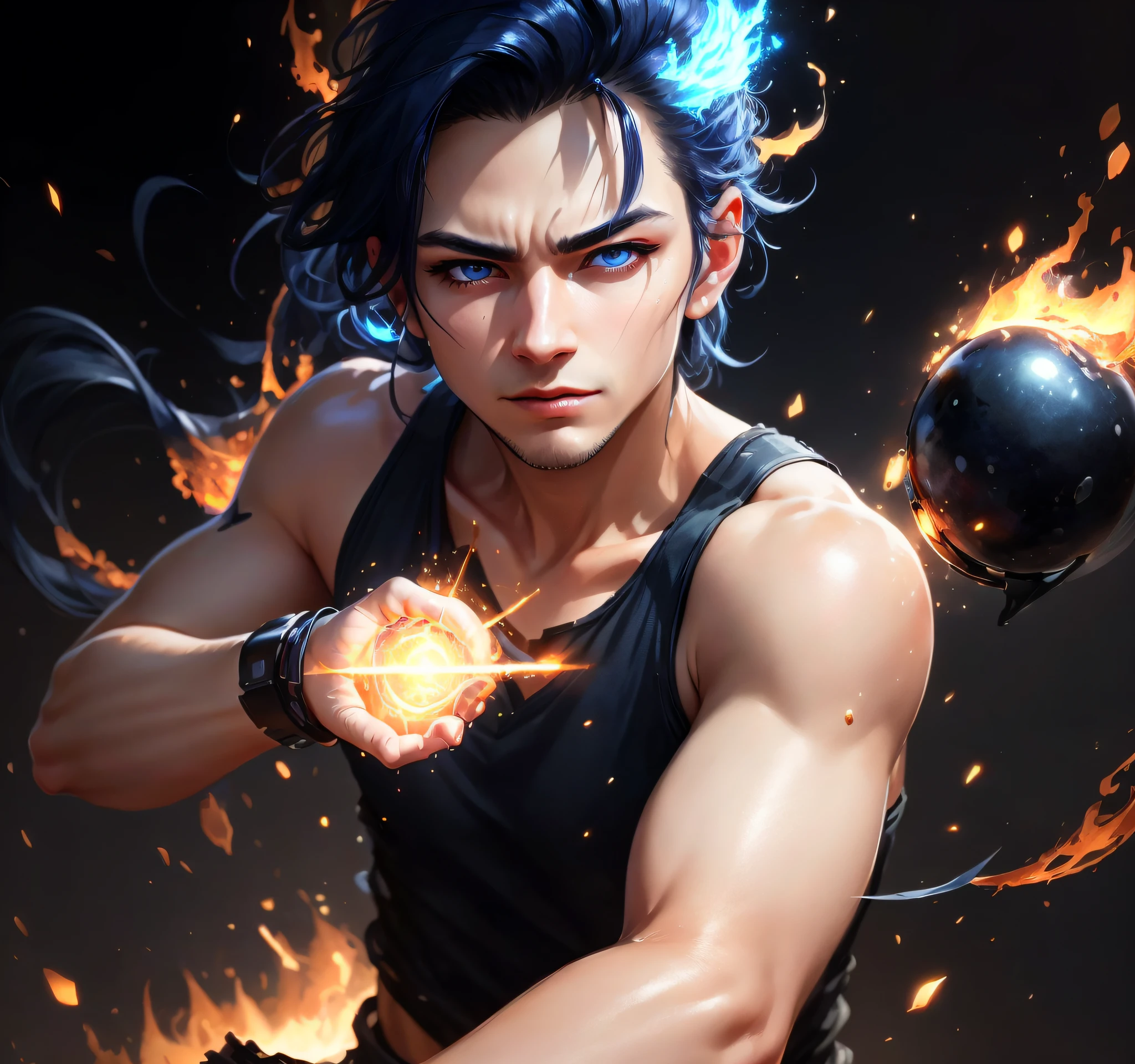 Put 10 rings on your hand、A man in a martial arts stance,Dark blue hair, black tank top and blue pants, ((top-quality、in 8K、masterpiece:1.3))、, (Photo RAW, Better Quality), (realist, Photorealista: 1.3), masterpiece, Exercise and the male body, Hairless face,ighly detailed, nffsw, units, 2k wallpaper, 8k wallpaper, The file size is huge, ultra-detailliert, hight resolution, absurderes, Soft light, skin tanned, Detailed finger, extremely detailed eye and face, beautiful detailed nose, beatiful detailed eyes, Facial light, look at viewr, (25 year old male), Lifelike face, Realistic body, fire blue and ring background.HD lighting and darkness )<=(Spectacular image quality)red atmosphere with bright particle light(Many effects of the background)