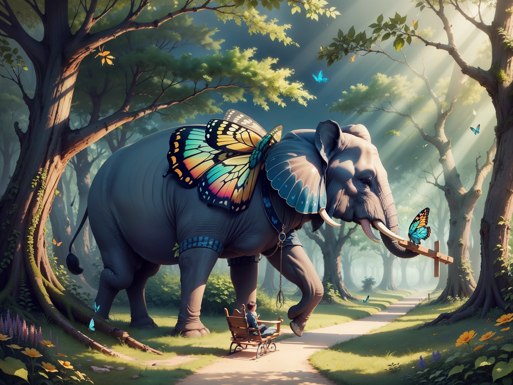 an elephant and a butterfly on both sides of a seesaw. The butterfly is weighing down the seesaw, they are in a clearing in the middle of a magical colorful forest, detailed --auto --s2