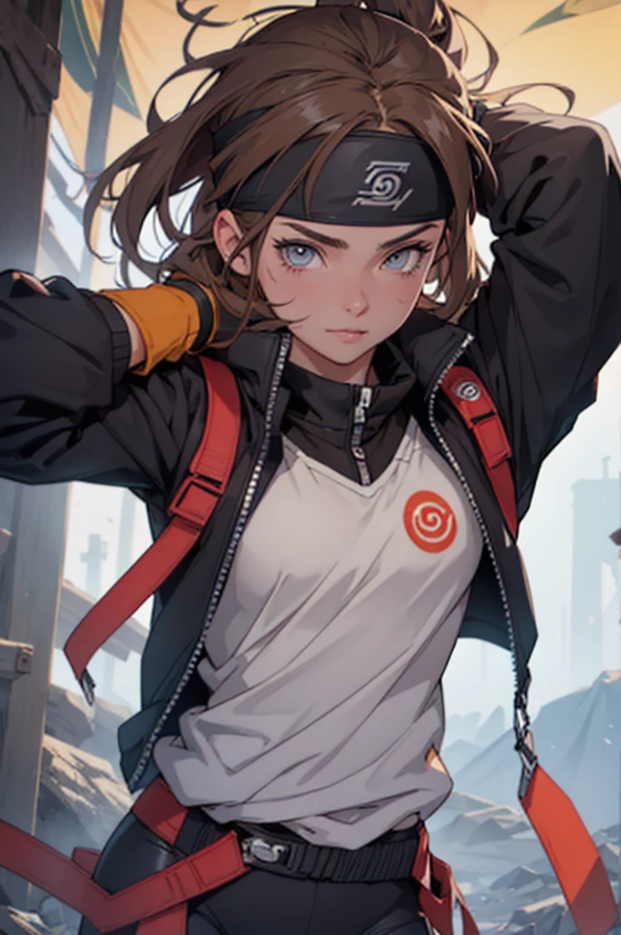 A European looking girl with messy straight brown hair, named Mira1, Handsomer, High quality picture, With Naruto headband With air symbol, wearing black jacket, 4K, in camp, both eyes clear, wearing gloves