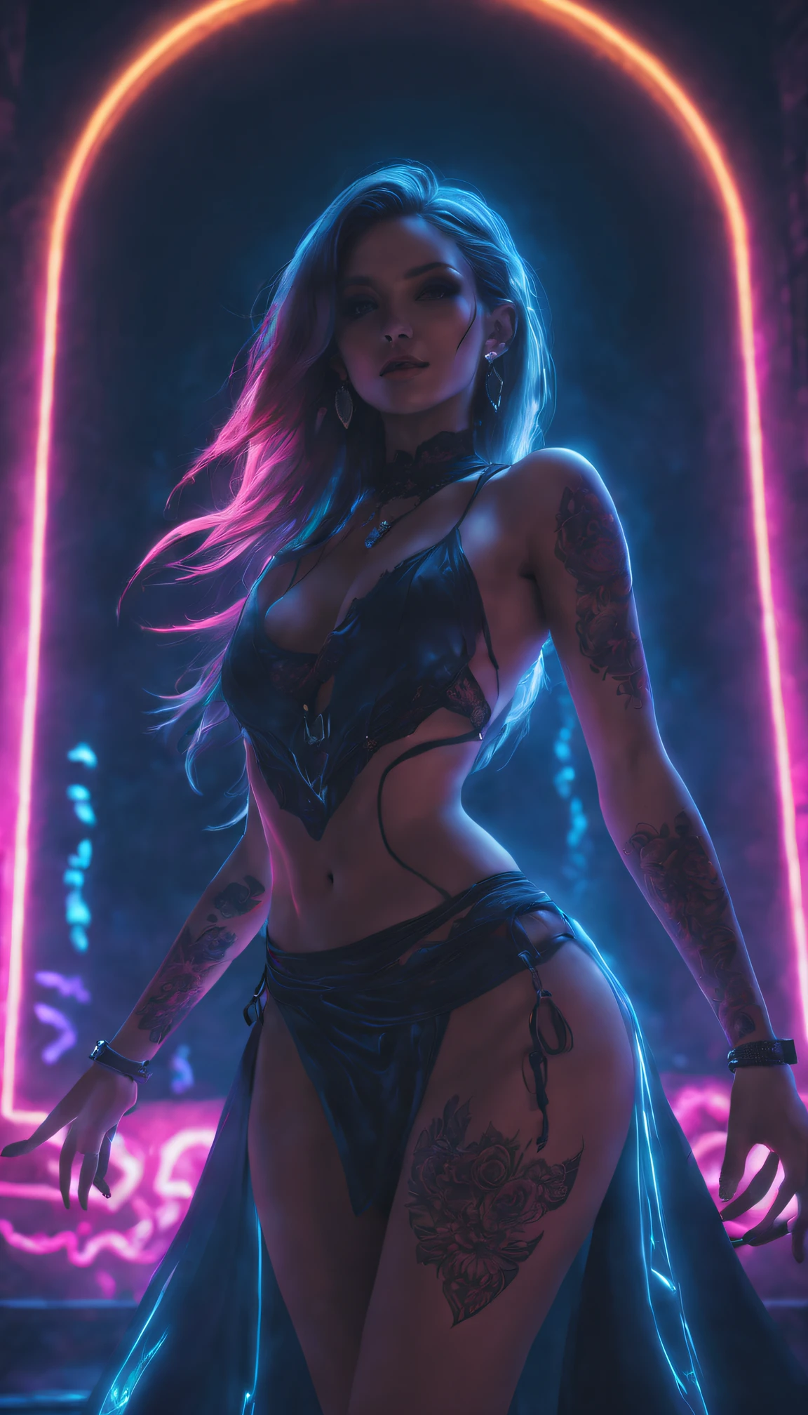 (Best quality,4K,8K,Tall structures,tmasterpiece:1.2),hyper-detailing,(realistically,photoreali,photoreali:1.37),dark party,Neon tattoo details girl,etherealglow,shadows and highlights,Powerful aura,mystical ambiance,mysterious background,pulsating color,subtle reflections,deep shading,gentlesoftlighting,Lost in the darkness,Enchanting aura,charming body,dark temptation,The beauty of tattoos,sublime darkness,bright beauty,strong contrasts,ethereal and graceful,Ominous existence,beautiful vision,Enchanting fantasy,otherworldly realm,Neon Dreams,Energetic energy,bright darkness。