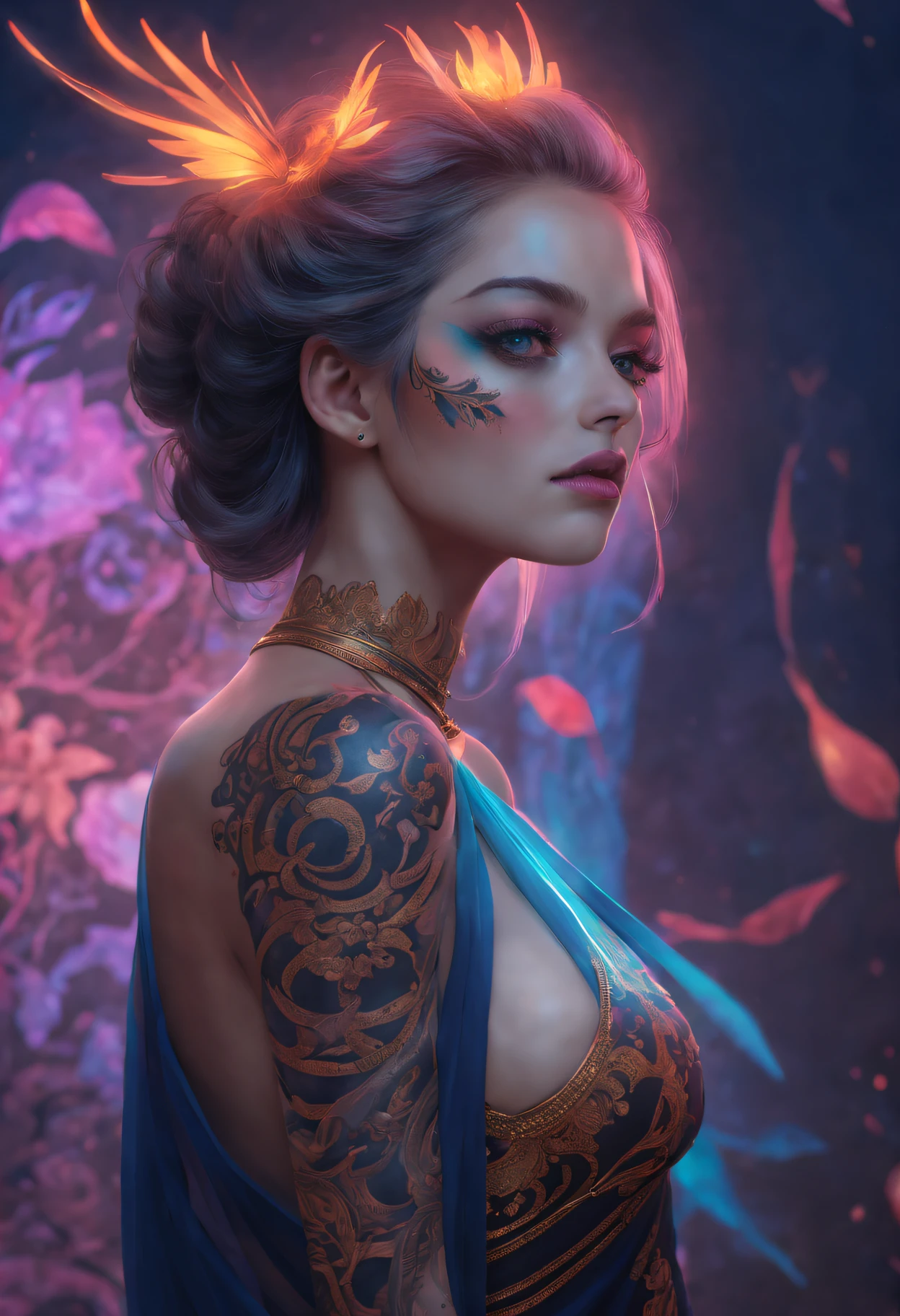 (extremely detaild的 CG unified 8k wallpapers),(tmasterpiece), (Best quality), (ultra - detailed), (Best Best Illustration),etherealglow,(Glow-in-the-dark tattoo details for girls), (Sharp eyeliner, eye shadows, 詳細な目:1.1)。shadows  and highlights，subtle reflections，charming body，dark temptation，The beauty of tattoos，sublime darkness，Enchanting fantasy，otherworldly realm，Neon Dreams，