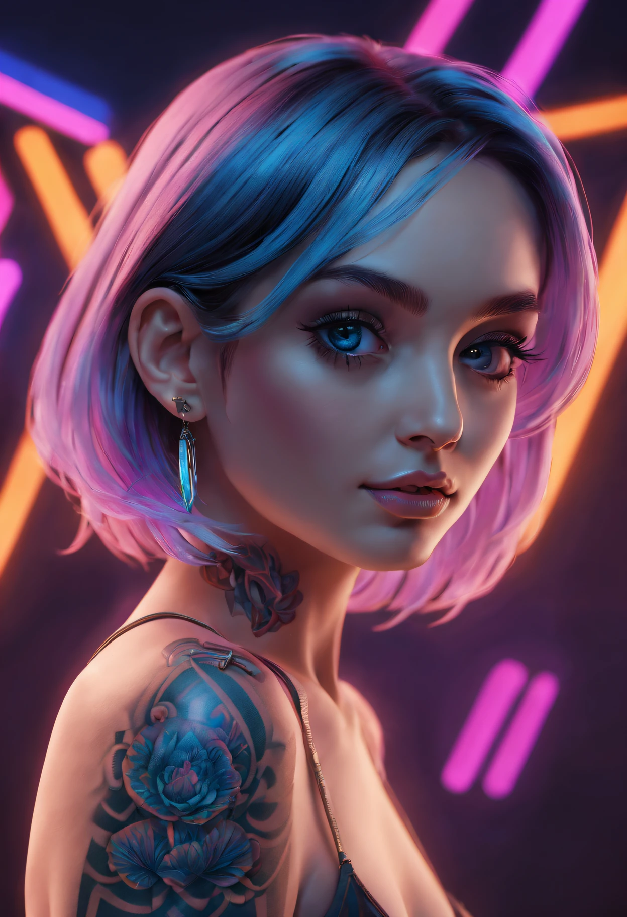 "(Best quality at best,4K,8K,A high resolution,tmasterpiece:1.2),ultra - detailed,actual,realisticlying:1.37,Black light art,Tattooed girl,Detailed geometry,vibrant blur,neonlight"