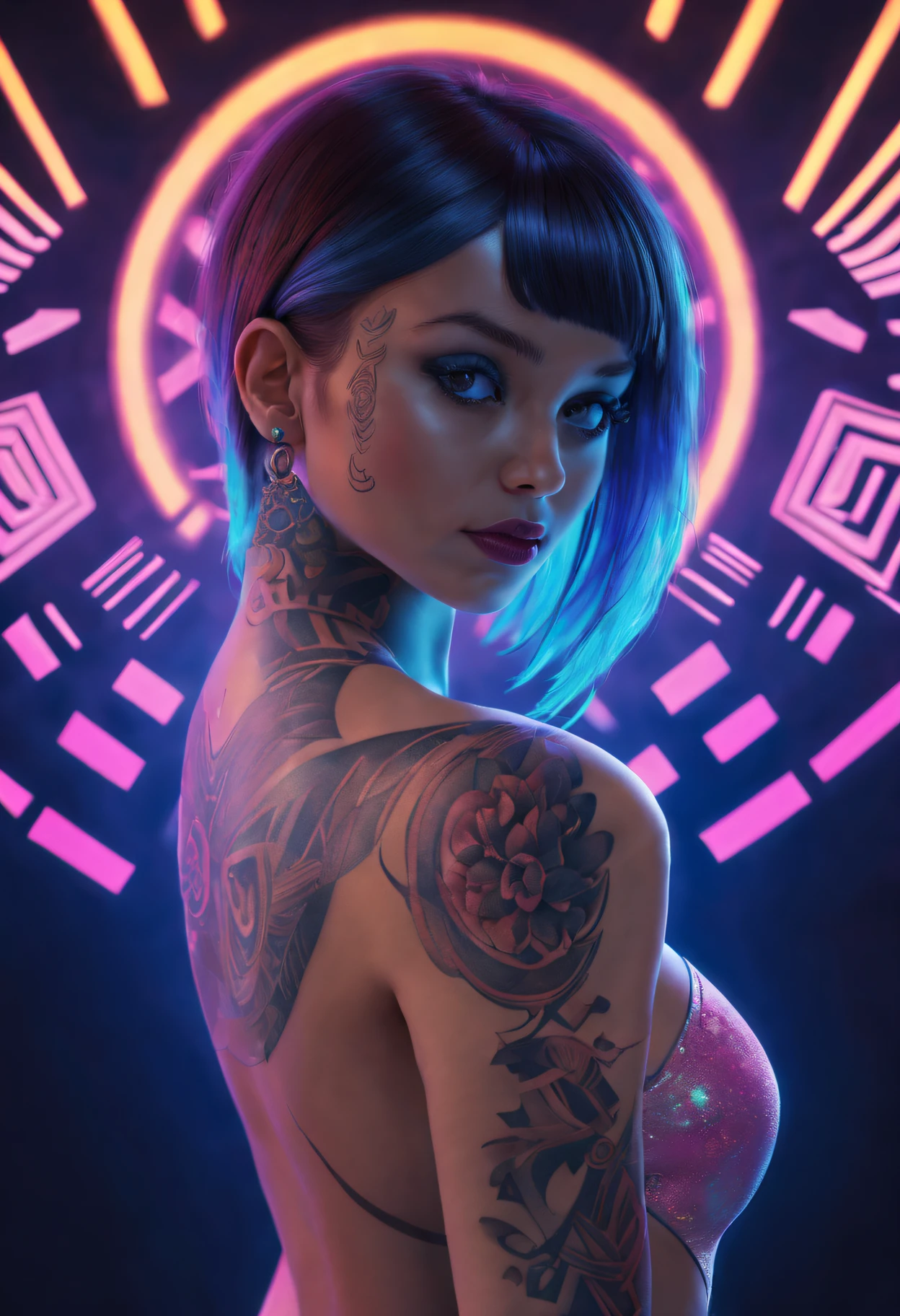 "(Best quality at best,4K,8K,A high resolution,tmasterpiece:1.2),ultra - detailed,actual,realisticlying:1.37,Black light art,Tattooed girl,Detailed geometry,vibrant blur,neonlight"