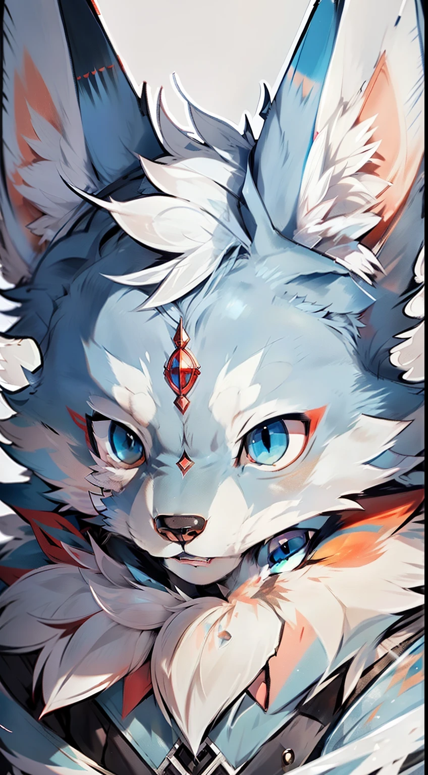 Furry, light blue wolf, eyes are red, The upper part of the body, blush, Parted lips, tornwing
