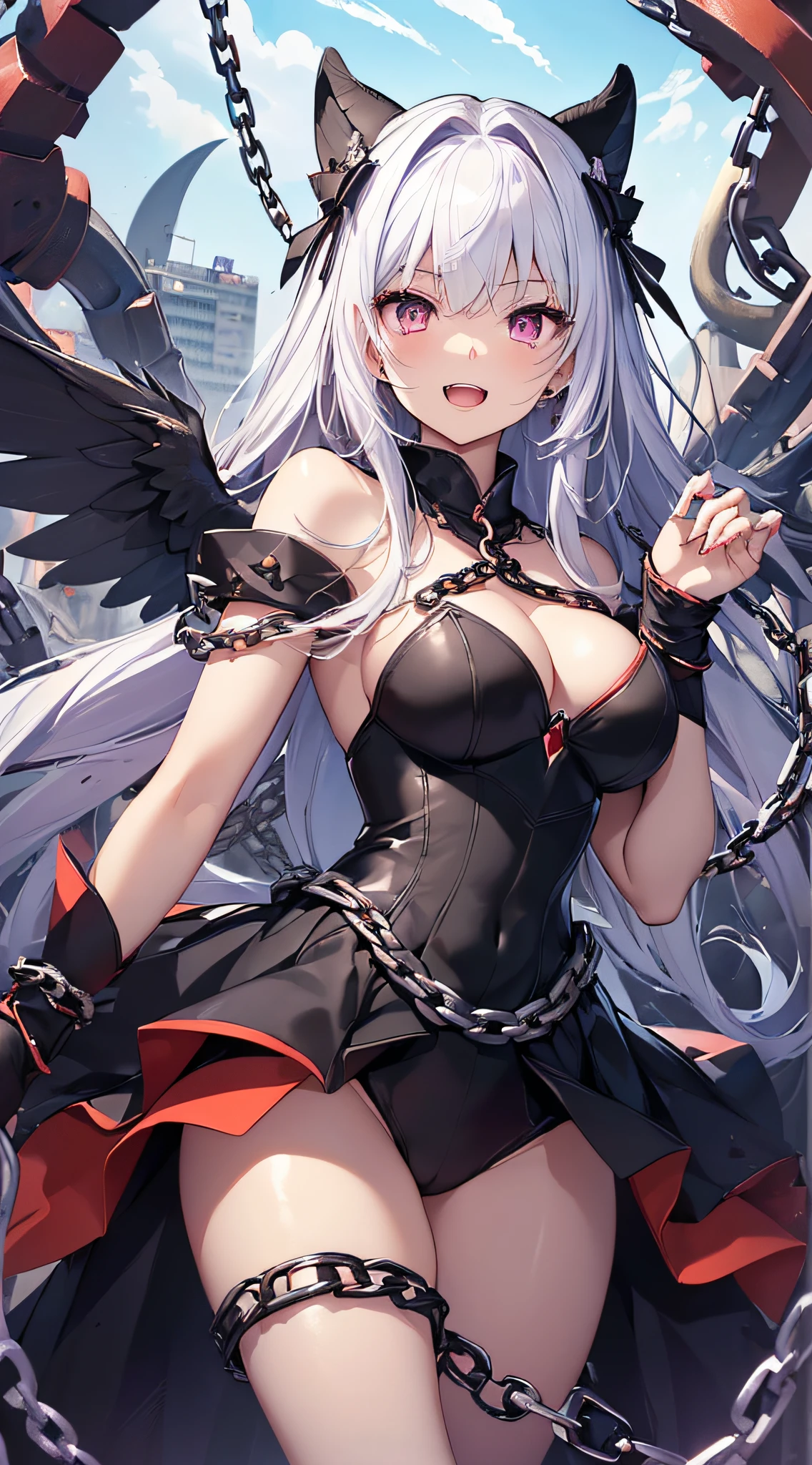 top-quality、Top image quality、masterpiece、girl with((Black Dress、silver leg arms、Shining red body line、sixteen years old、 ager、cute little、Best Bust、big bast,Beautiful shining purple eyes、Breasts wide open, white hair、Black wings,Longhaire、A slender,Large valleys、belligerent movements,sharp claws、anchor chain、chain、chains、Laugh、Niō Standing)),hiquality、Beautiful Art、Background with((kosmos)))、Depth((cinnabar)),masutepiece、depth of fields,Cinematic style