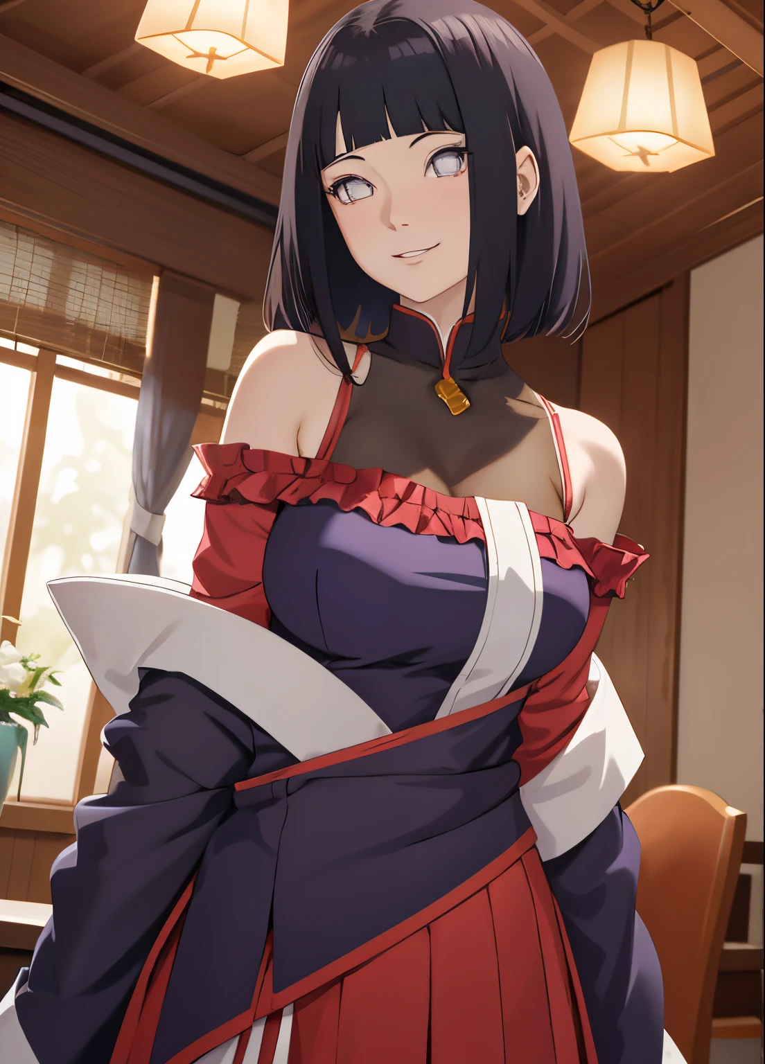 tmasterpiece， hoang lap ， （Complicated details），camisole （rich colourful），Off-the-shoulder attire，Large breasts，Lysis membrane illumination， the Extremely Detailed CG Unity 8K Wallpapers ， hyouka\（Boruto\）， 1girll， 独奏，Be red in the face，looks into camera，ssmile