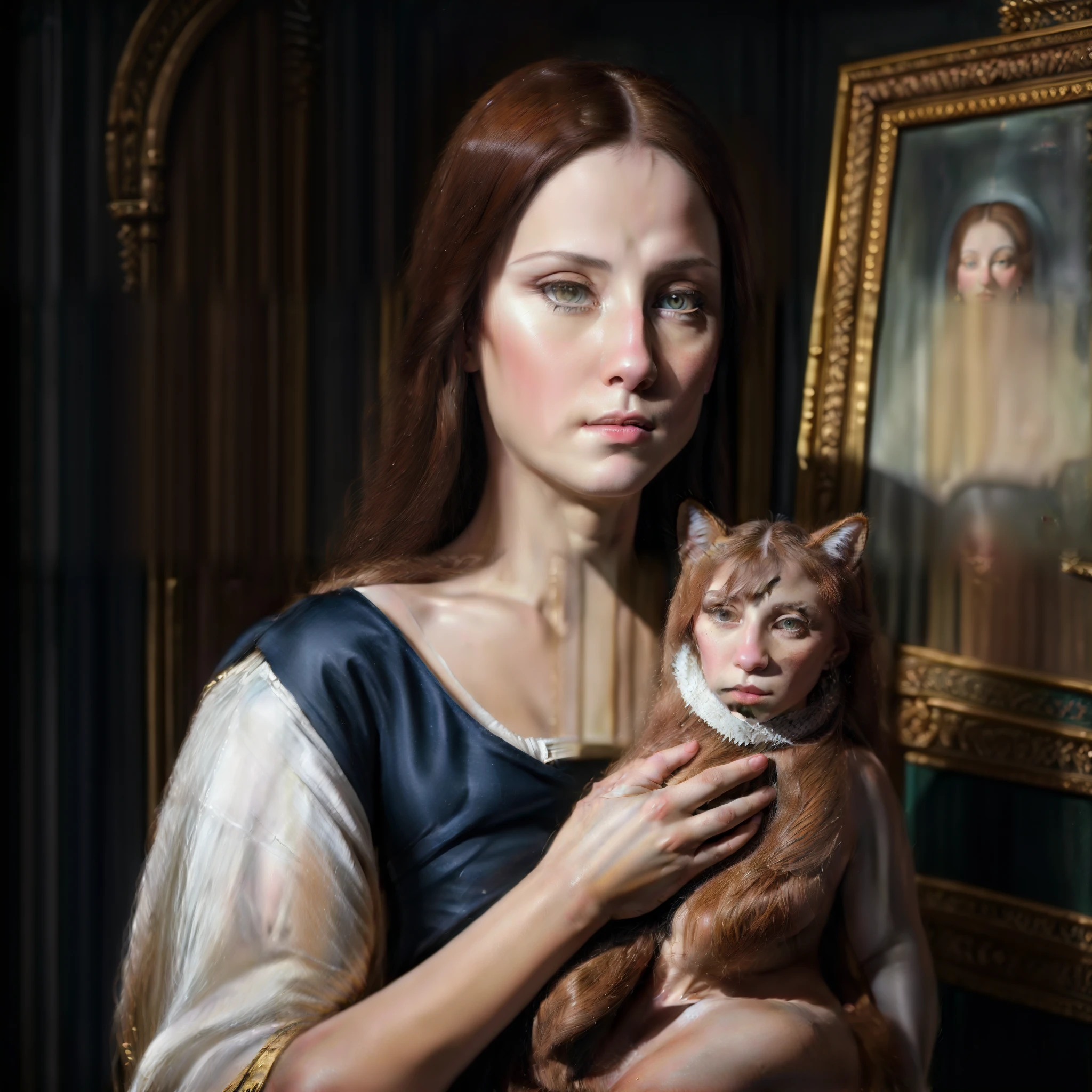 Arafed woman holding cat in front of Monaclete painting, masterpiece anthro portrait, realism art style, Classical painting, The Woman and the Cat, masterpiece portrait, realistic art, Realistic portrait of the Renaissance, in the style of ancient painting, Realistic painting style, in a renaissance style, Art, revived, In the style of the High Renaissance, realistic painting