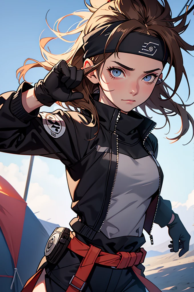 A European looking girl with messy straight brown hair, named Mira1, Handsomer, High quality picture, With Naruto headband With air symbol, wearing black jacket, 4K, in camp, both eyes clear, wearing gloves, jutsu hand sign