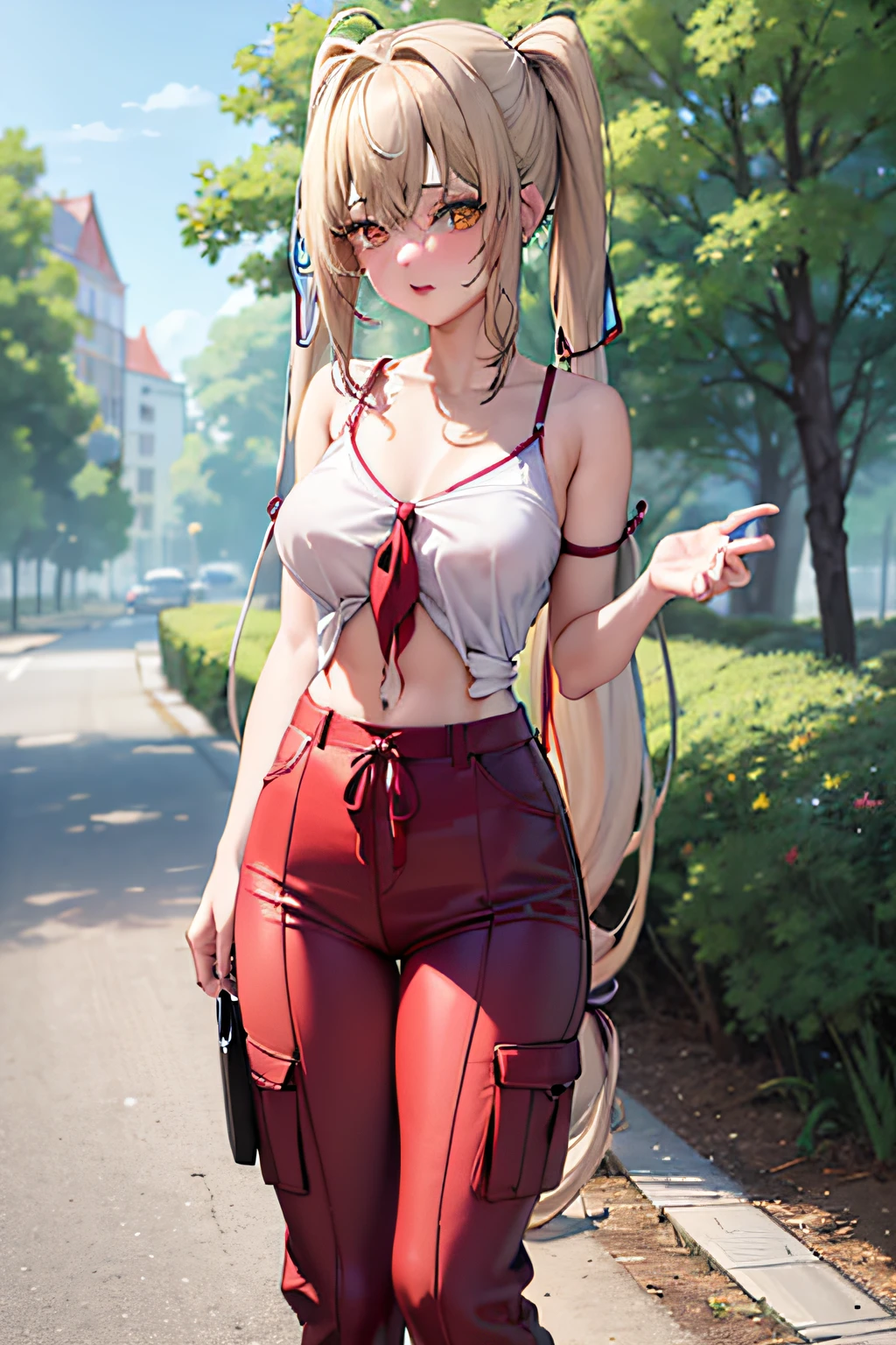 (top-quality:1.1), (masterpiece:1.4), (absurderes:1.0), portlate, a closeup,
1girl in、Twin-tailed、(low-tied_long_hair:1.2)、Hair Ends、Very long hair、blonde hair、large full breasts、verd s eyes、tshirts、Cargo pants、Look at viewers、outside of house、(red blush:1.2)、mall、(Large crowds:0.75)、