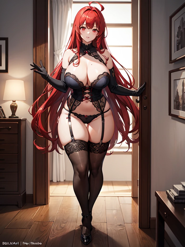 (((Masterpiece))),(((Best Quality))),(((Extremely Detailed))), Illustration, (High Resolution), High Quality, 1 girl, tall woman:1, long hair, incandescent red hair, bulky body, red eyes, curvy:1,1girl breasts bustier cleavage clothing curvaceous dancing elbow_gloves female gloves large_breasts lingerie long_hair looking_at_viewer lorim nightclub pole red_hair stripper_pole thighhighs underwear, huge breast, nihiliste, ahoge