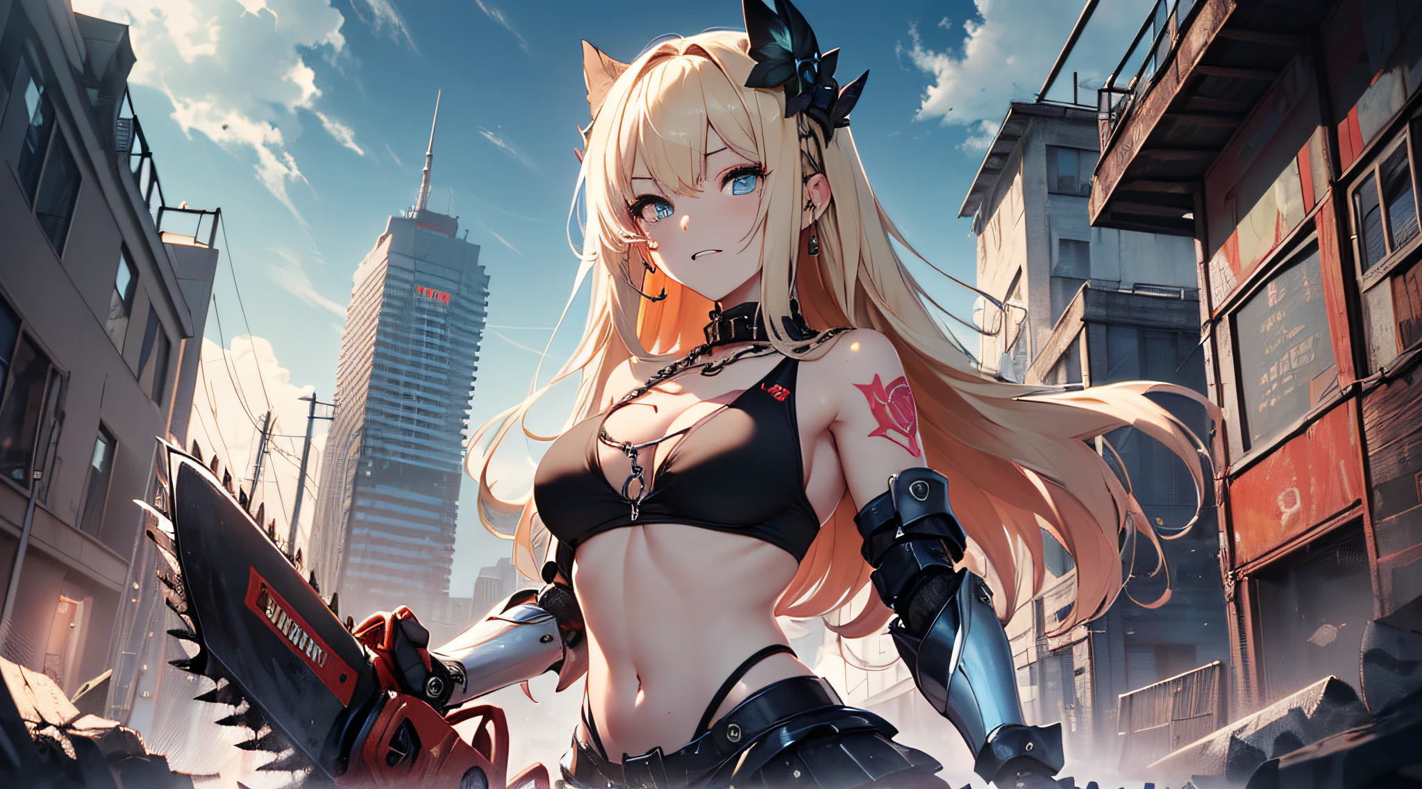 top-quality、Top image quality、masterpiece、girl with((Black Bikini、Black Mechanical Armor、、teen ager、cute lit Bust、big bast,Beautiful light blue eyes、Breasts wide open, a blond、A slender,Large valleys、belligerent movements,Warlike face、Navel Tank Top、mechanical short skirt、anchor chain、chain、Holding a chainsaw、red heart tattoo on cheek、dye one's cheeks red、fighting poses、Laugh)),hiquality、Beautiful Art、Background with((universes)))、Depth((black hole)),masutepiece、depth of fields,Cinematic style