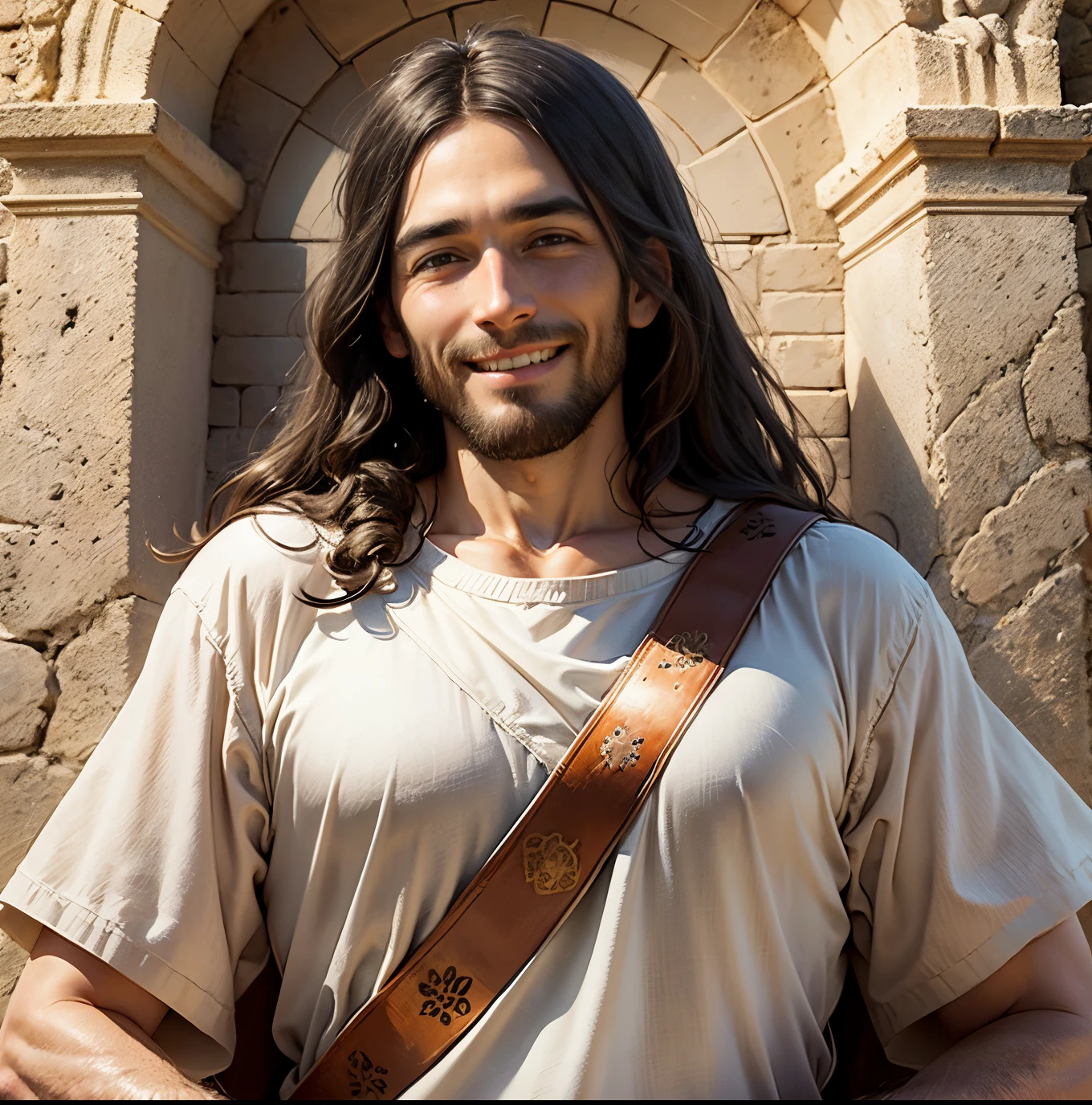 Kindly craft a realistic image of Jesus Christ smiling, set against the backdrop of ancient Israel. Enrich the details, with a particular emphasis on highlighting the image. Capture a warm and authentic portrayal, bringing out the essence of joy --auto --s2