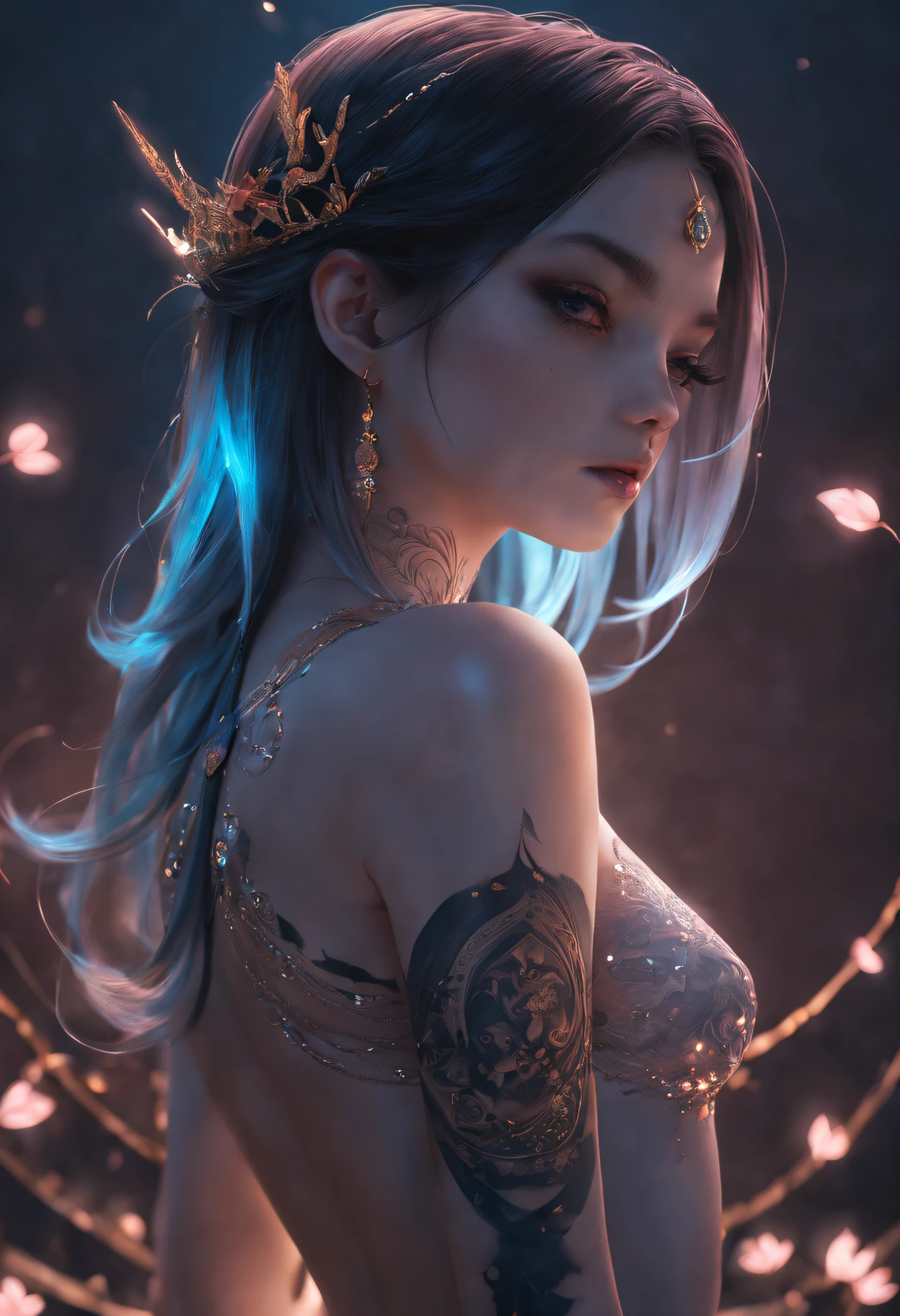 (extremely detaild的 CG unified 8k wallpapers),(tmasterpiece), (Best quality), (ultra - detailed), (Best Best Illustration),(Black light art)，etherealglow,(princess with glowing tattoo), (Sharp eyeliner, eye shadows, 詳細な目:1.1)。shadows  and highlights，subtle reflections，charming body，dark temptation，The beauty of tattoos，sublime darkness，Enchanting fantasy，otherworldly realm。