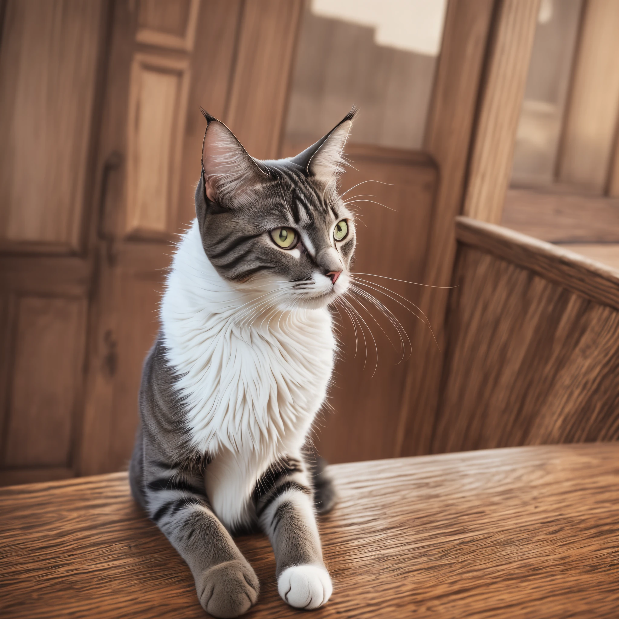 there is a cat that is sitting on a chair with its paws on the back, maine coon, fluffy ears and a long, anthropomorphic large maine coon, soft and fluffy, outrageously fluffy, serious looking mainecoon cat, doing a hot majestic pose, a handsome, with pointy ears, super fluffy, soft and detailed, well proportioned