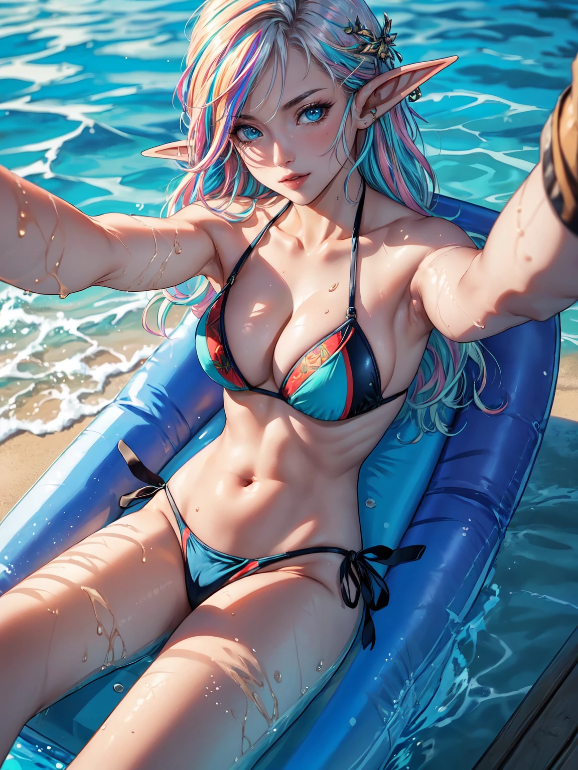 ((masterpiece)),(best quality), ((1 ((mature)) woman elf, solo:1.1)), ((cinematic)), ambient occlusion, Nvidia ray tracing, dynamic:1.2, (absolutely eye-catching), (intricate ((elven)) bikini and clothes, perfect body, shining skin), (dynamic shot:1.2), particles:1.2, (pastel:1.2), (eye contact), (sea), ((seductive look)), ((multicoloured hair)), ((Swimming in an inflatable lounger)), (selfie:1.5)