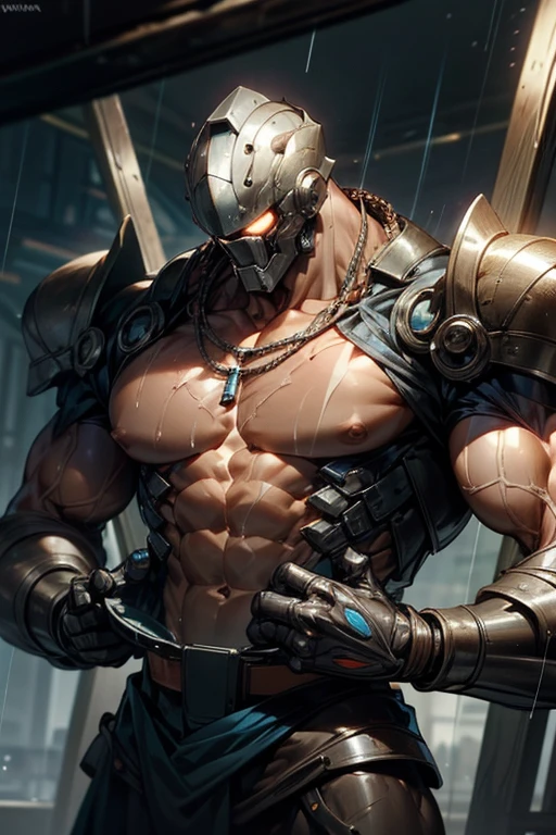 1boy, muscular fit man with ((bare chest)) and big muscles, science fiction armor, science fiction helmet, chains, abstract explosion background, sweating heavily, musculature, necklace, raining. Big pecs, washboard abs, tan skin or fair skin, sweating. Skin visible.