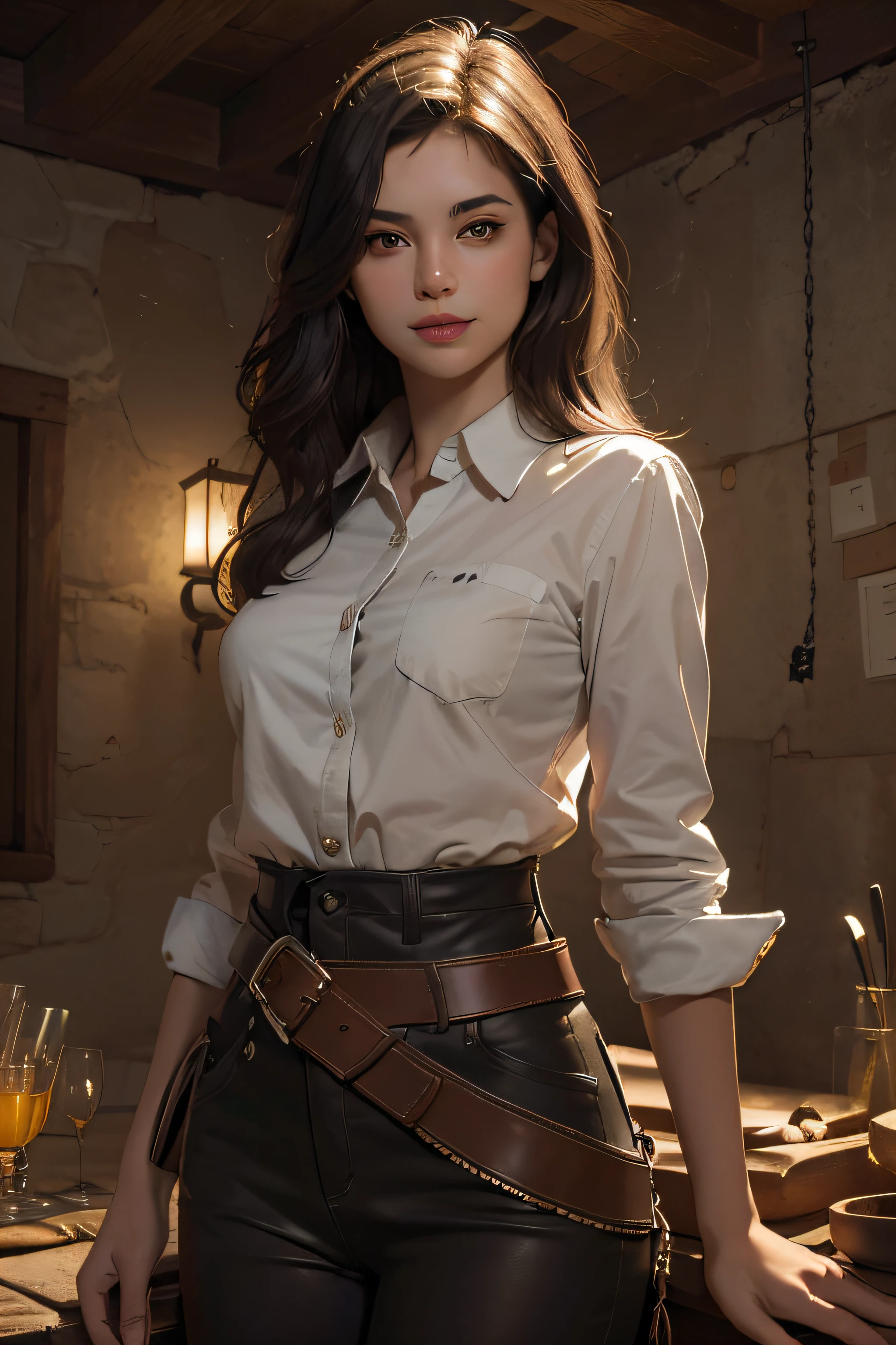 of the highest quality, masutepiece, (Photorealistic: 1.4), 1 girl, lightsmile, Collared shirt, from waist up, Dramatic Lighting, From below, long, Dark hair, Attractive appearance, Archeologist, Archaeologist-like background'laboratory
