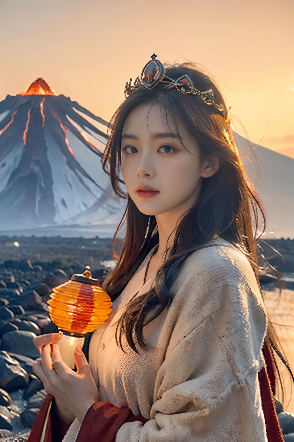 photo-realism、top-quality、超高分辨率、photore、（Very detailed faces），（intricately details）Photos of the most beautiful Nordic girl in the world、The queen of volcanoes stands in front of a majestic landscape of lava eruptions，Wearing a flowing red robe，As if blending into the surrounding magma。On her head is a crown made of volcanic rock and precious stones，Gemstones sparkle with orange and gold light，Matching the fire in her eyes。Her long hair fell like a waterfall，Emit orange-red light，Shines even more under the reflection of magma。She is surrounded by attendants wearing flame-patterned cloaks.，Reflecting her majesty and power over the volcano。Her eyes are firm and majestic，Holding lotus lantern in hand，A faint firelight illuminates her face，Minor scratches on face，It seems to be the incarnation of this volcano，Every move she makes is like the breathing of the earth and the flow of magma，Demonstrate the supreme authority of the Volcano Queen。