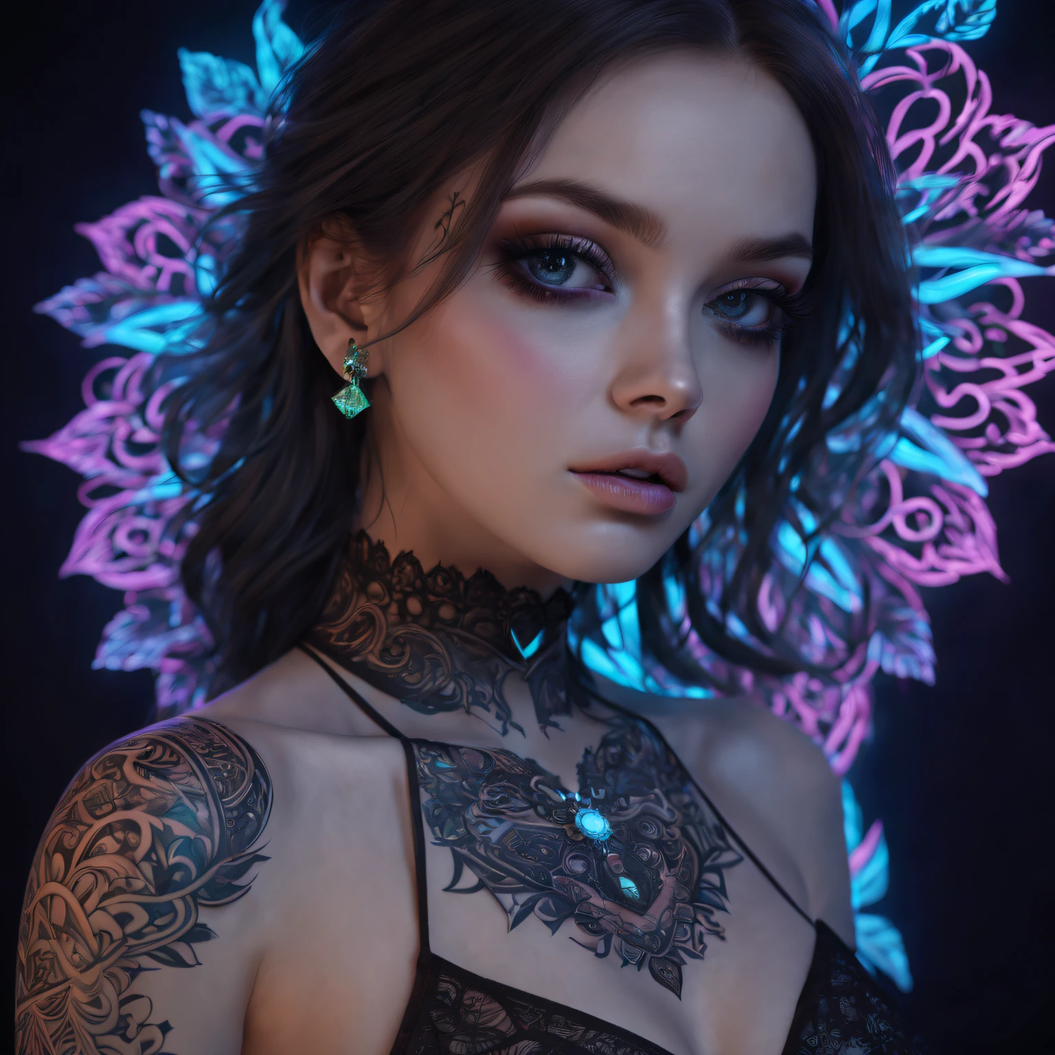 Black light art，Luminescent tattoo，A princess，intricate geometry, Colorful blur, (Sharp eyeliner, eye shadows, 詳細な目:1.1)。shadows  and highlights，subtle reflections，charming body，dark temptation，The beauty of tattoos，sublime darkness，neonlight,Enchanting fantasy。(Best quality at best,4K,8K,A high resolution,tmasterpiece:1.2),ultra - detailed,(actual,realisticlying,Photorealistic:1.37),