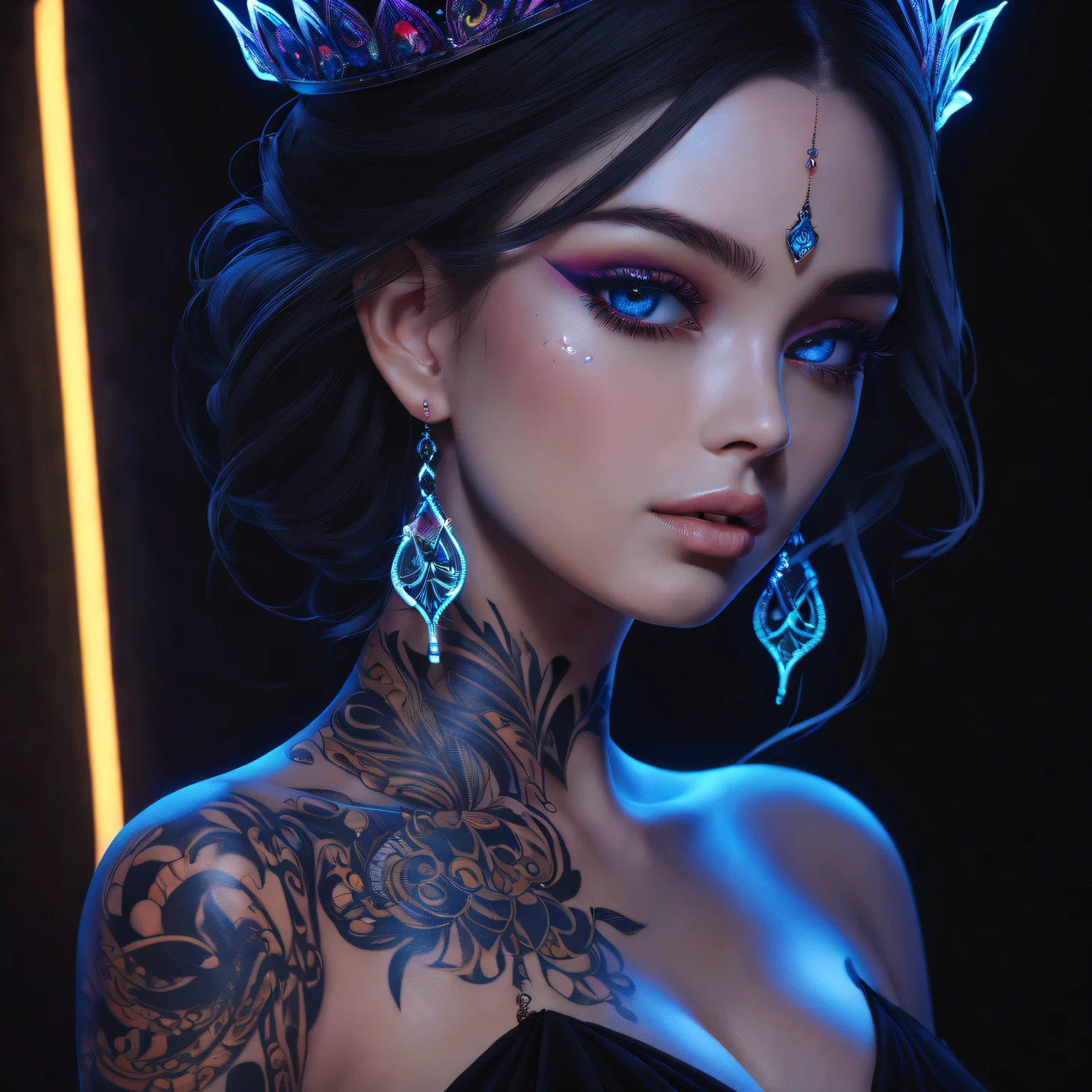 Black light art,Luminescent tattoo,A princess,intricate geometry, Colorful blur, (Sharp eyeliner, eye shadows, 詳細な目:1.1)。shadows and highlights,subtle reflections,charming body,dark temptation,The beauty of tattoos,neonlight,Enchanting fantasy。(Best quality at best,4K,8K,A high resolution,tmasterpiece:1.2),ultra - detailed,(actual,realisticlying,Photorealistic:1.37),