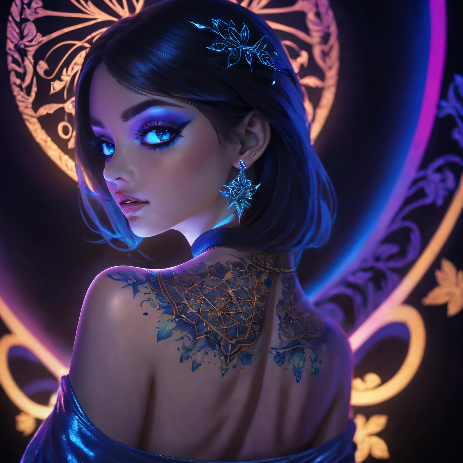 Black light art,Luminescent tattoo,A princess,intricate geometry, Colorful blur, (Sharp eyeliner, eye shadows, 詳細な目:1.1)。shadows and highlights,subtle reflections,charming body,dark temptation,The beauty of tattoos,sublime darkness,neonlight,Enchanting fantasy。(Best quality at best,4K,8K,A high resolution,tmasterpiece:1.2),ultra - detailed,(actual,realisticlying,Photorealistic:1.37),