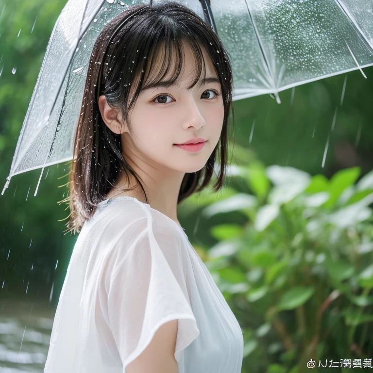 top-quality、​masterpiece、超A high resolution、(Photorealsitic:1.4)、Raw photo、女の子1人、Gentle、with light glowing、japanes、Nice style、The best style in the world、Idol、Looking at the camera、Eau、Wet with rain、Hair is wet、