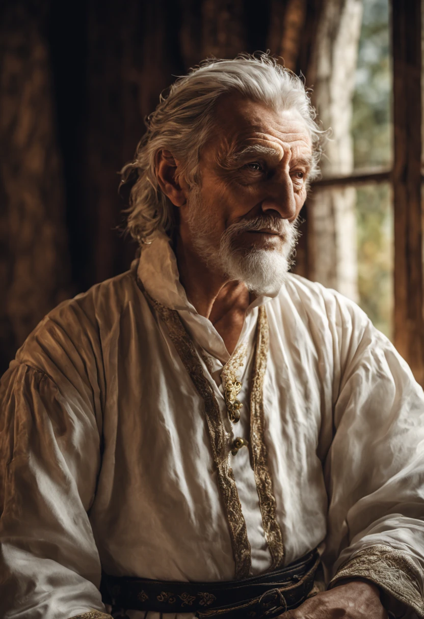 (higher resolution, distinct_image) The best quality, a man, white werewolf, masterpiece, highly detailed, semi realistic, 70 years old, beautiful, old, handsome, medieval clothing, collar on neck, interior, window, wake up, morning, blush, smiling