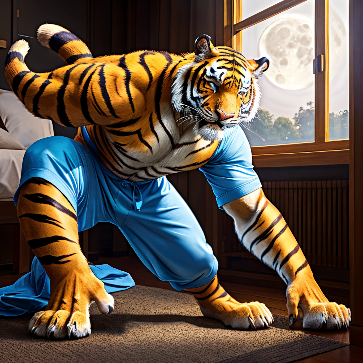 middle aged man，transformation process，half tiger，sobu，magia，transformation process，Tiger's nose，expression of surprise，paws with claws，Tiger claw，tail growth，Muscle tissue，Wear blue pajamas，Full moon outside the window，In the middle of the night，dark colour，Realisticstyle，Enlarge close-up，some human characteristics，fall to the ground，Asian