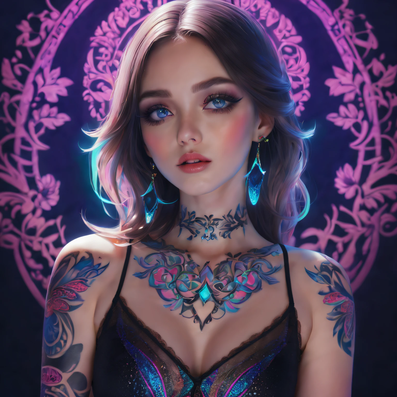Black light art,Luminescent tattoo,A princess,intricate geometry, Colorful blur, (Sharp eyeliner, eye shadows, 詳細な目:1.1)。shadows and highlights,subtle reflections,charming body,dark temptation,The beauty of tattoos,neonlight,Enchanting fantasy。(Best quality at best,4K,8K,A high resolution,tmasterpiece:1.2),ultra - detailed,(actual,realisticlying,Photorealistic:1.37)。