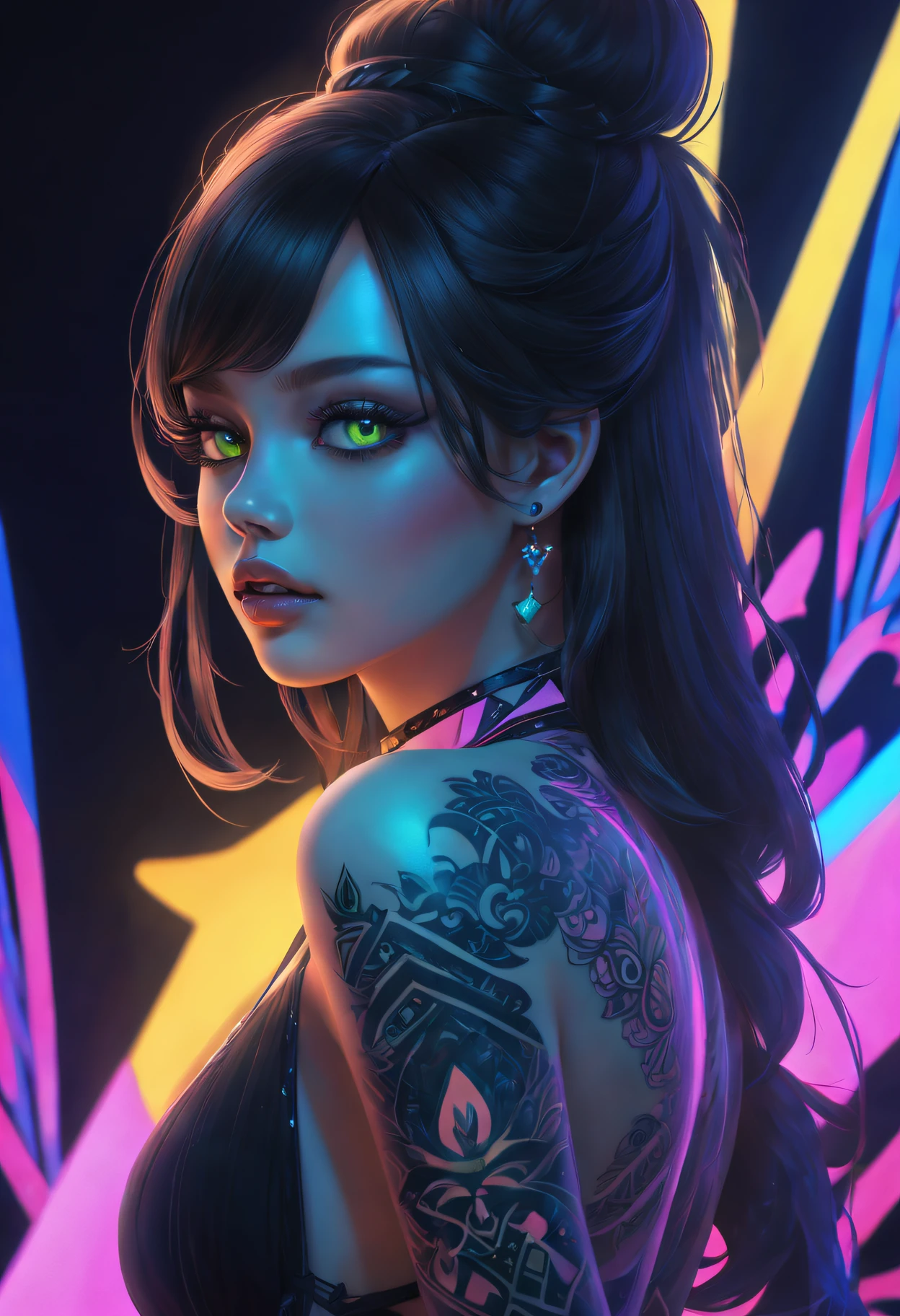 Black light art,fluorescent art,glow in the dark art,A princess,Luminescent tattoo,intricate geometry, Colorful blur, (Sharp eyeliner, eye shadows, 詳細な目:1.1)。shadows and highlights,subtle reflections,charming body,dark temptation,The beauty of tattoos,neonlight,Enchanting fantasy。(Best quality at best,4K,8K,A high resolution,tmasterpiece:1.2),ultra - detailed,(actual,realisticlying,Photorealistic:1.37)。