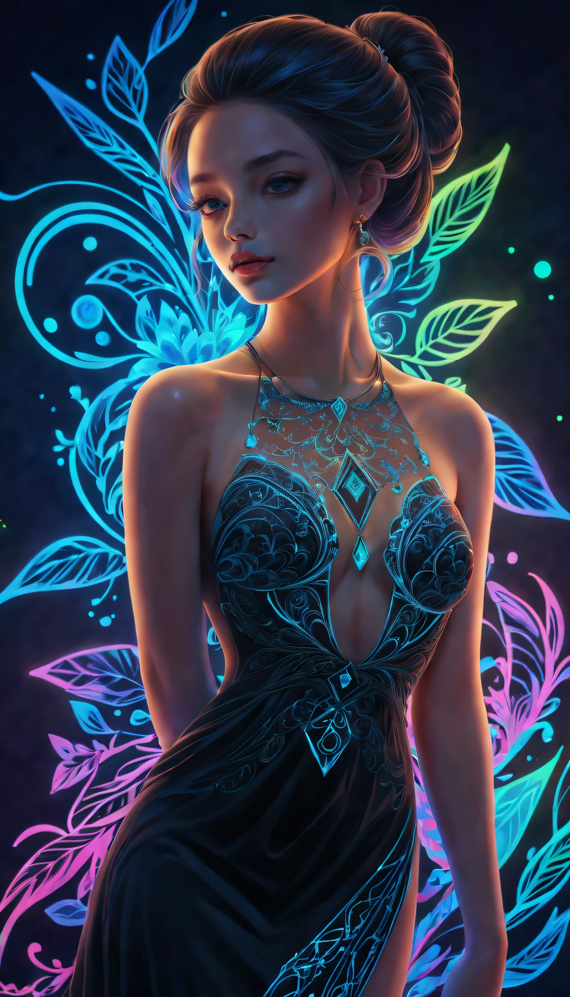 A princess,Luminescent tattoo,intricate geometry, Colorful blur, evening formal robes,abstract backgrounds。shadows and highlights,subtle reflections,charming body,Black light art,fluorescent art,glow in the dark art,dark temptation,The beauty of tattoos,neonlight,Enchanting fantasy。(Best quality at best,4K,8K,A high resolution,tmasterpiece:1.2),ultra - detailed,(actual,realisticlying,Photorealistic:1.37)。