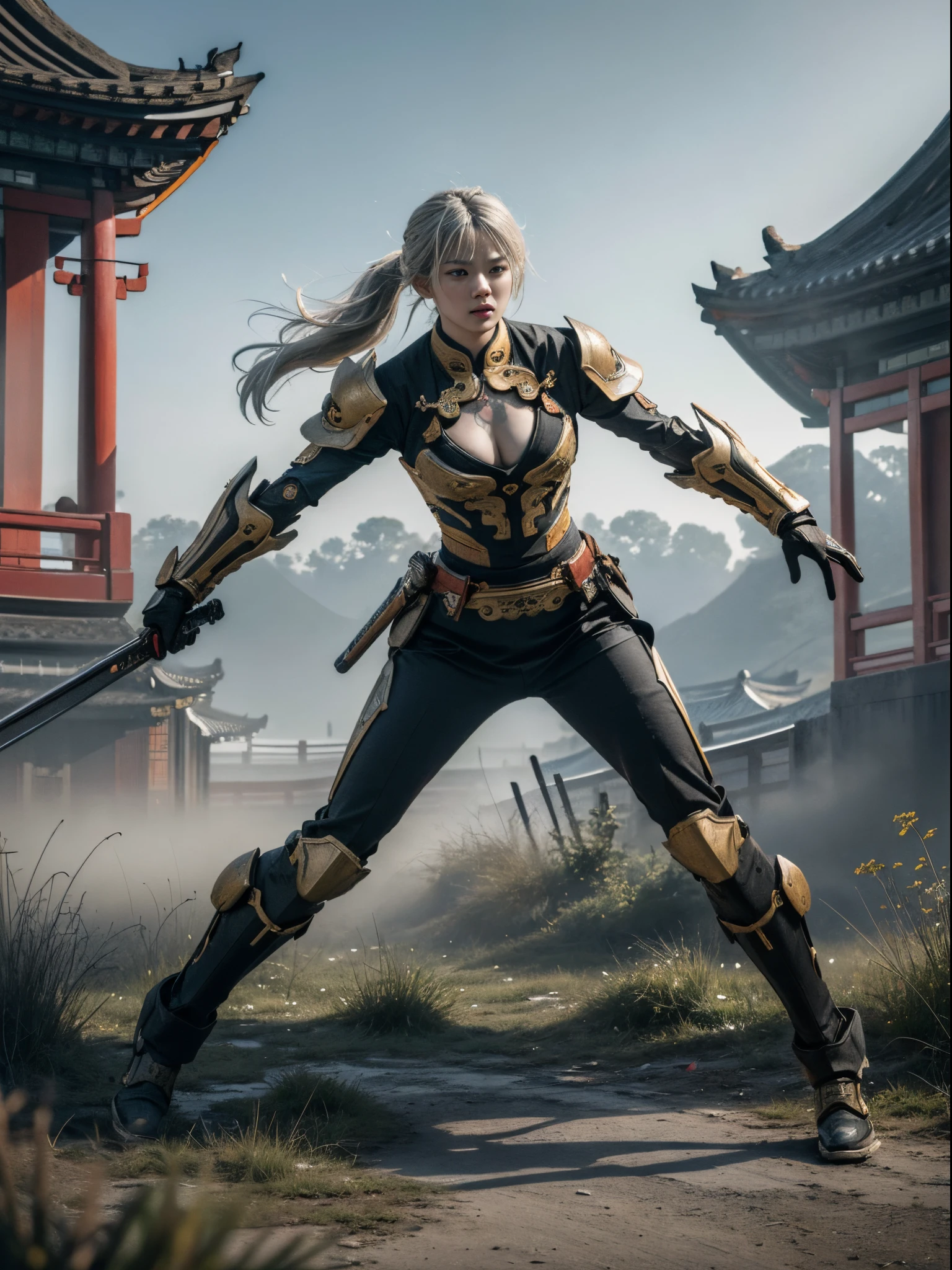 (theatrical, Gritty, drastic:1.4),tmasterpiece, Best quality, 8K, insanely details, Complicated details, the ultra-detailed, Super quality, high detal, ultra - detailed, tmasterpiece,
1Beautifulwoman，female focus,Alone, holdingweapon,Hold the lever arm,spears, armour, boobplate,Scapular, (Full body lesbian:1.5),
Long gray hair,A yellow-haired,shelmet,pony tails,
(east asian architecture, On the battlefield:1.4),
A shot full of tension(the visual stunning shock,Give your poster a dynamic and eye-catching look:1.2),Chinese Zen style,impactful picture,