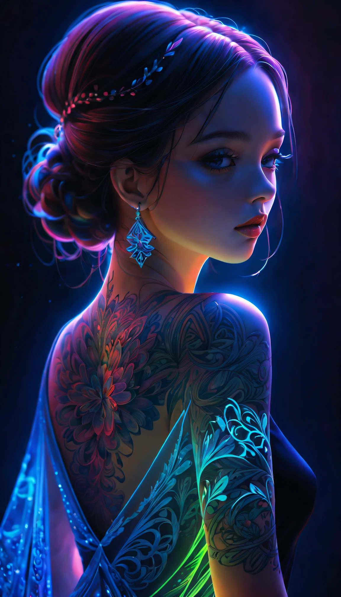 A princess,Luminescent tattoo,intricate geometry, Colorful blur, evening formal robes,abstract backgrounds。shadows and highlights,subtle reflections,charming body,Black light art,fluorescent art,glow in the dark art,dark temptation,The beauty of tattoos,neonlight,Enchanting fantasy。(Best quality at best,4K,8K,A high resolution,tmasterpiece:1.2),ultra - detailed,(actual,realisticlying,Photorealistic:1.37)。