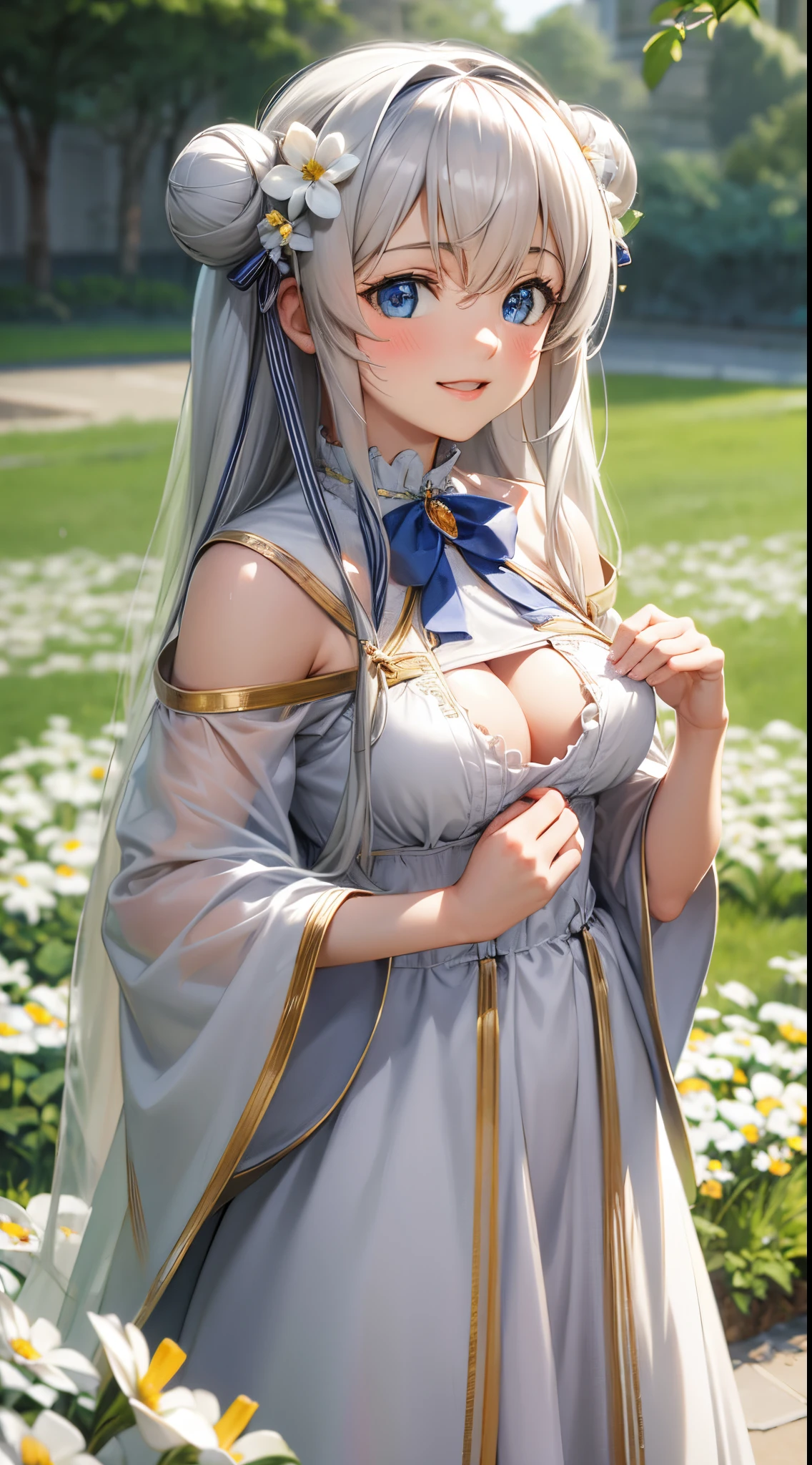 best quality,highres,ultra-detailed,realistic,photorealistic:1.37,portrait, intricate white long dress, ((modest dress)), standing,flowers field,silver long hair,bun hair,smiling woman,close up to abs, ((big breast)), beautiful detailed eyes,beautiful detailed lips,flower petals on air, vivid colors,studio lighting,soft sunlight, happy face