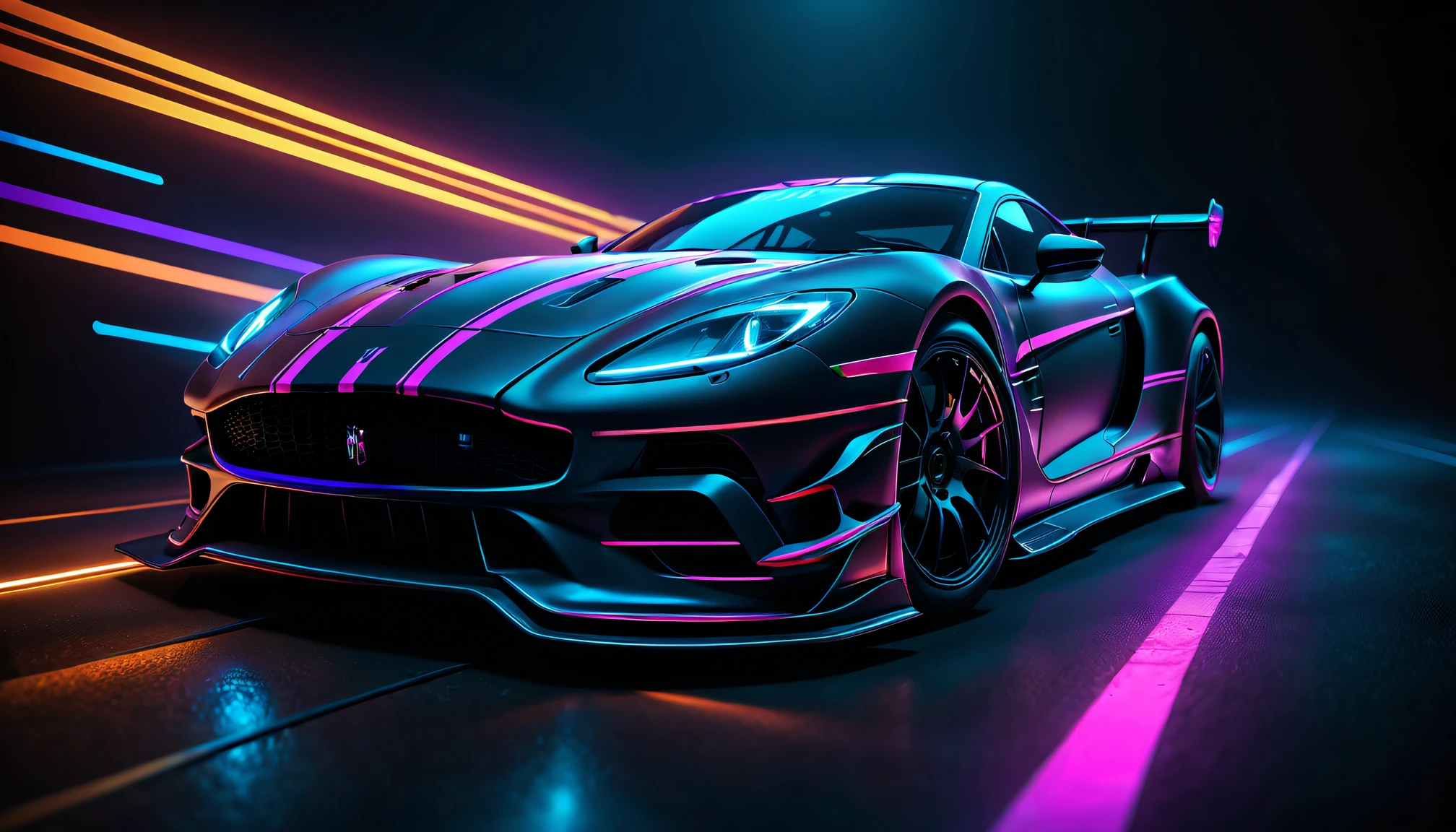 Black light art，Racers，neon stripes，intricate geometry, Colorful blur, abstract backgrounds。shadows  and highlights，subtle reflections，fluorescence，glowing，dark temptation，Enchanting fantasy。(Best quality at best,4K,8K,A high resolution,tmasterpiece:1.2),ultra - detailed,(actual,realisticlying,Photorealistic:1.37)。