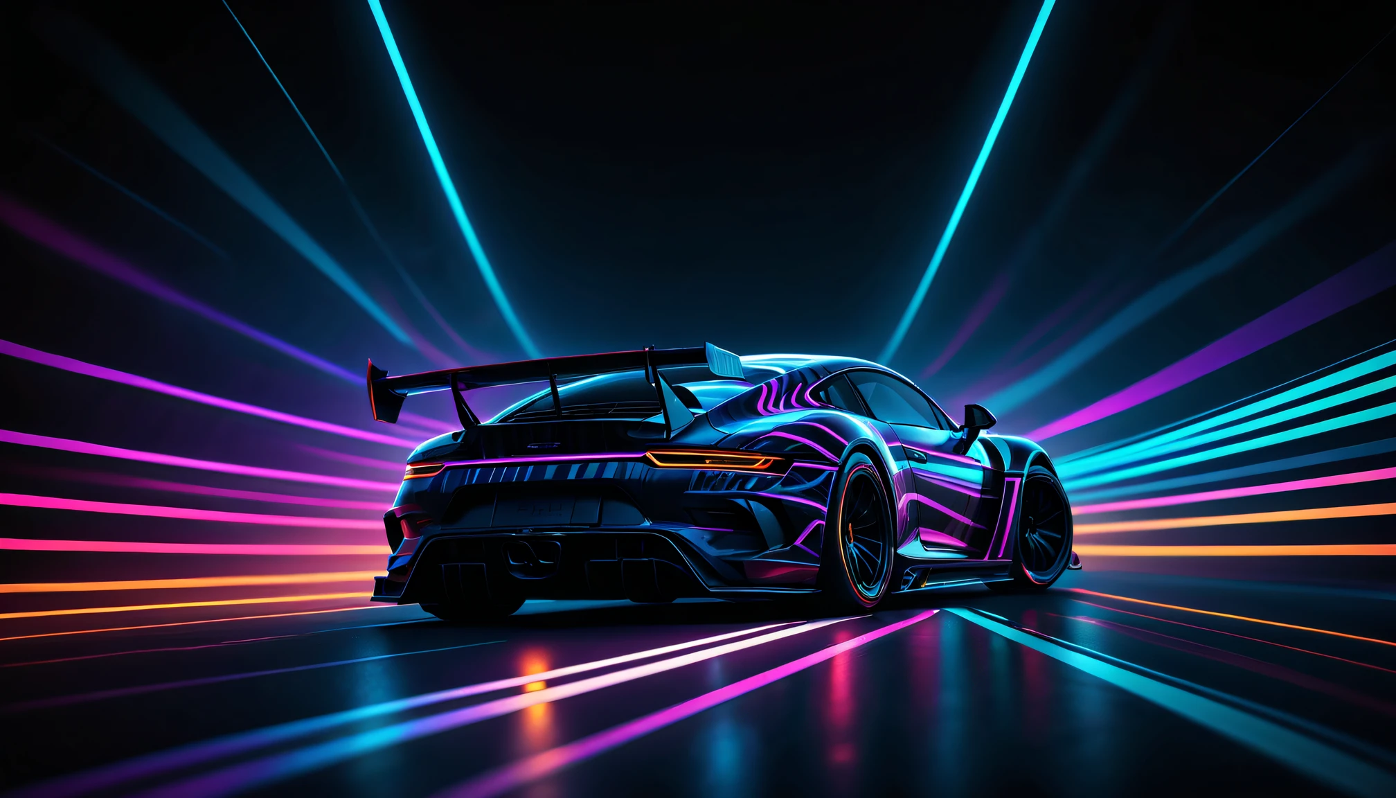 Black light art，Racers，neon stripes，intricate geometry, Colorful blur, abstract backgrounds。shadows  and highlights，subtle reflections，fluorescence，glowing，dark temptation，Enchanting fantasy。(Best quality at best,4K,8K,A high resolution,tmasterpiece:1.2),ultra - detailed,(actual,realisticlying,Photorealistic:1.37)。