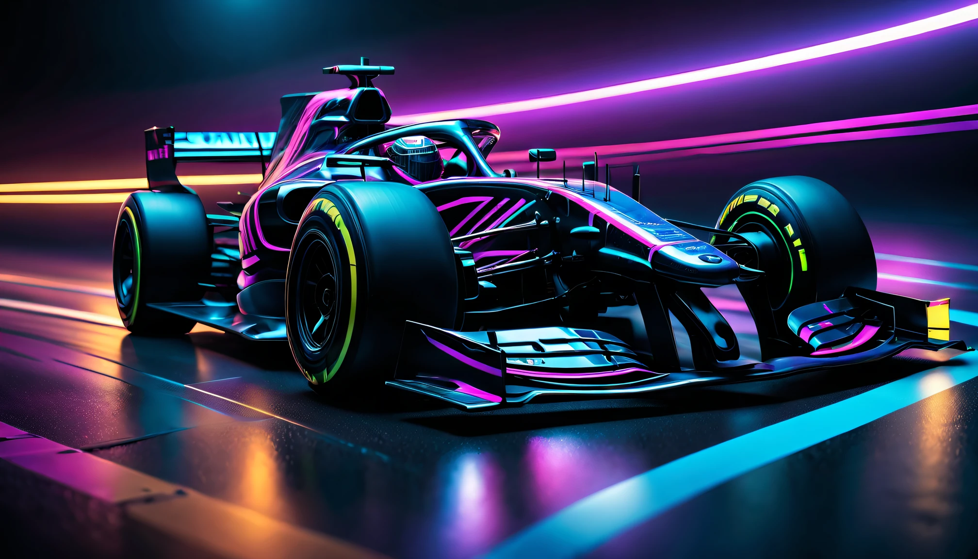 Black light art,Formula racing,neon stripes,intricate geometry, Colorful blur, abstract backgrounds。shadows and highlights,subtle reflections,fluorescence,glowing,dark temptation,Enchanting fantasy。(Best quality at best,4K,8K,A high resolution,tmasterpiece:1.2),ultra - detailed,(actual,realisticlying,Photorealistic:1.37)。