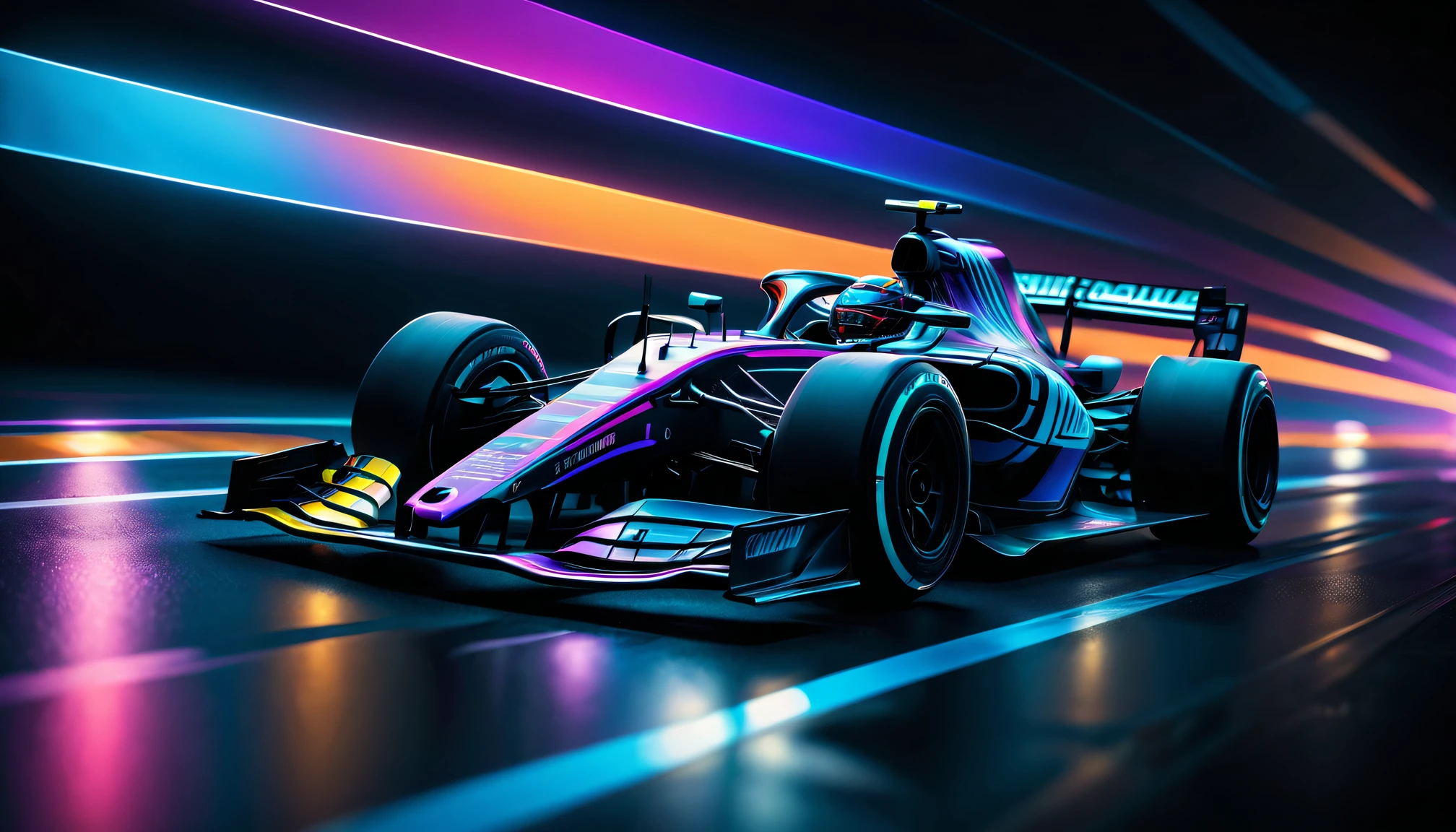 Black light art,Formula racing,neon stripes,intricate geometry, Colorful blur, abstract backgrounds。shadows and highlights,subtle reflections,fluorescence,glowing,dark temptation,Enchanting fantasy。(Best quality at best,4K,8K,A high resolution,tmasterpiece:1.2),ultra - detailed,(actual,realisticlying,Photorealistic:1.37)。