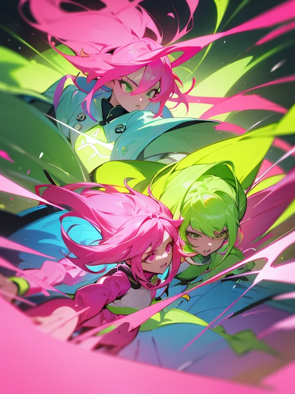 Fluorescent pink hair、Fluorescent Green Clothing、neon color、Vivid Color、western clothes、length hair、illustratio、Saturated colors、Dynamic angles、dynamicposes、two people confront