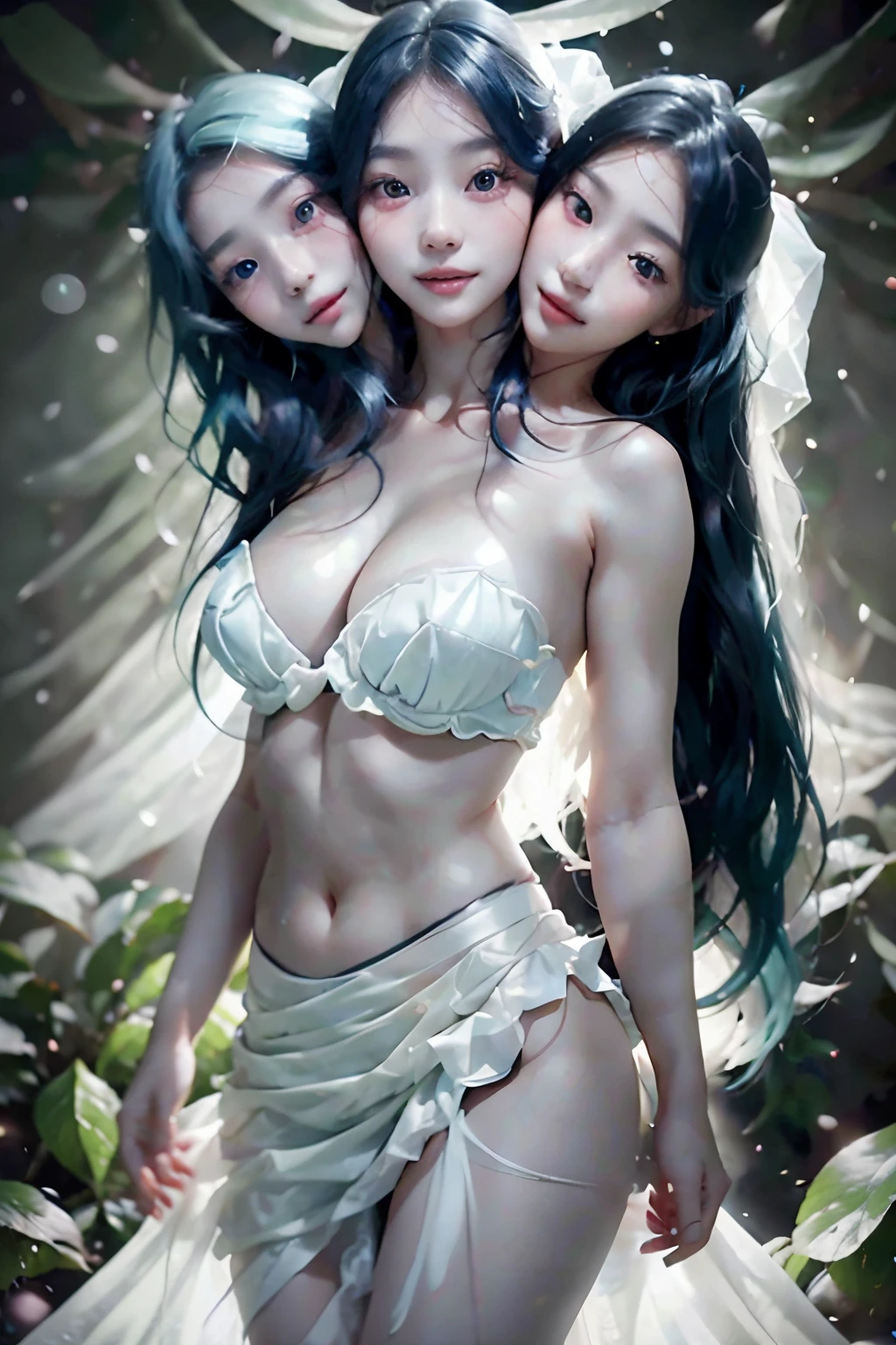 (Three Heads), very young attractive korean teenage girl in a white wedding gown, clear detailed face, laughing, hands on opposite side of face, fused necks, clear eyes, teen, young girl, clear face, perfect eyes, heads close together, teal skirt, black hair with blue under-dye, black hair with pink under-dye, different-coloured hair, extremely long hair, hair reaching the water, perfect anatomy, heads spaced close together on chest, in the waves, water splashes, hands splashing each other, laughing, dripping, sexy face, sexy face with full makeup, detailed flawless face, conjoined