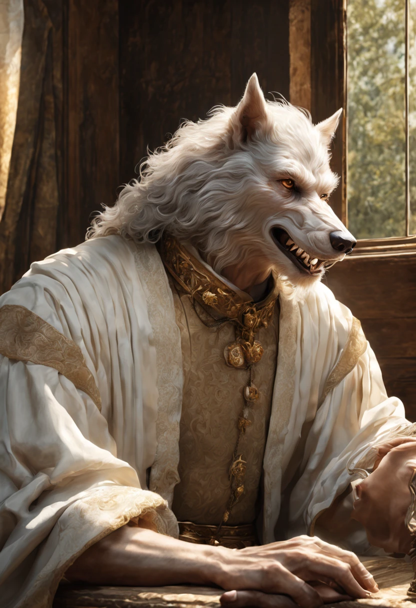 (higher resolution, distinct_image) The best quality, a man, white werewolf, masterpiece, highly detailed, semi realistic, 70 years old, beautiful, old, handsome, medieval clothing, collar on neck, interior, window, wake up, morning, blush, smiling