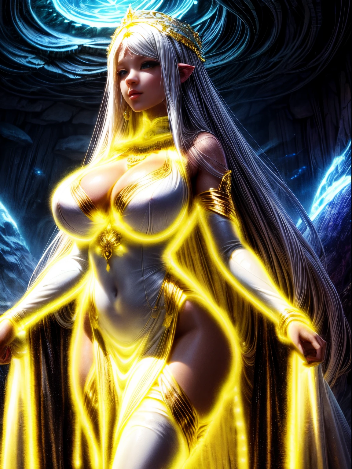 The goddess who descended into the cave, the whole body is shining, detailed white luxury dress, full body shot, Blacklight, gigantic breasts
