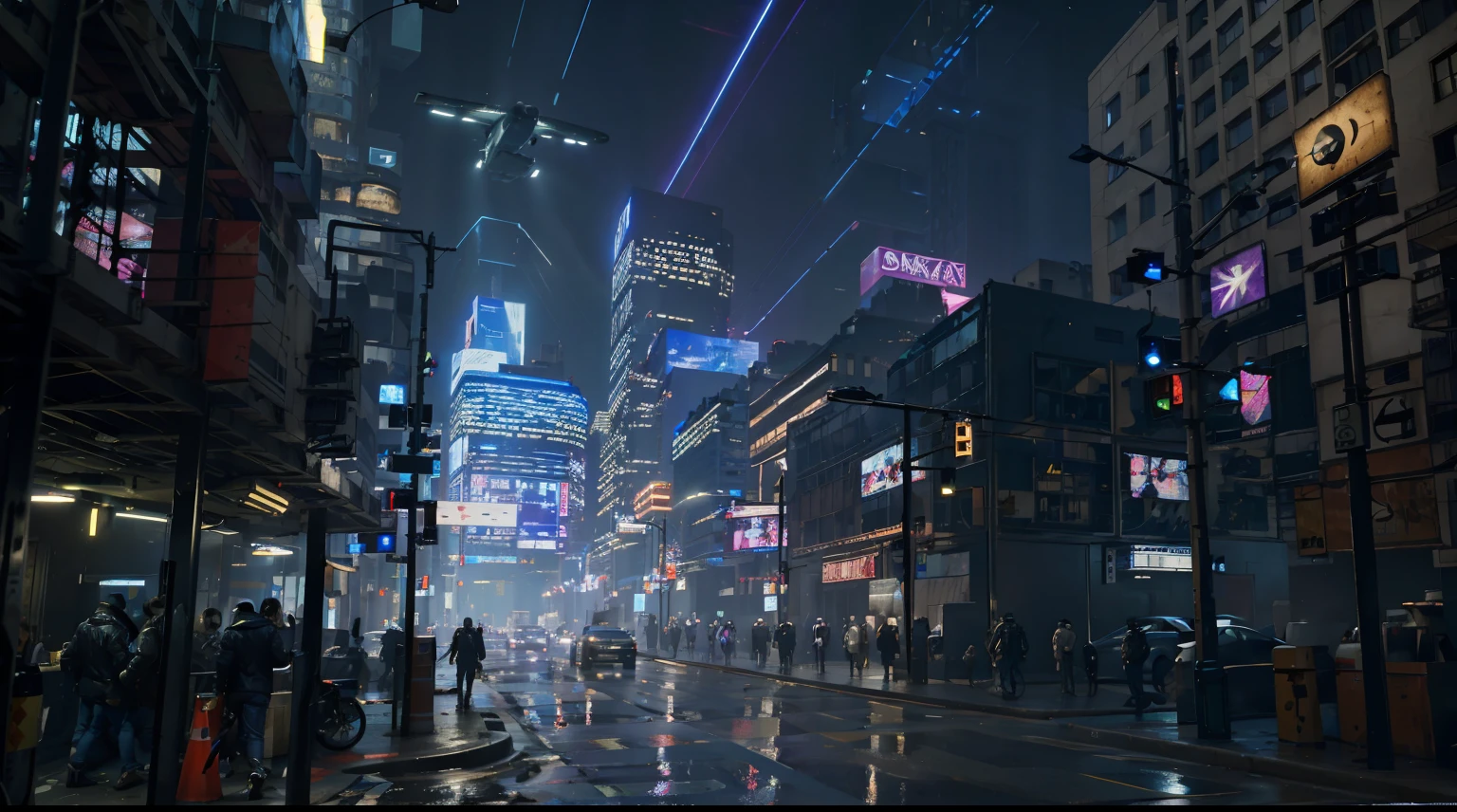 Ultra calidad, cyberpunk street with tall buildings and lighting, carteles luminosos, Flying vehicles