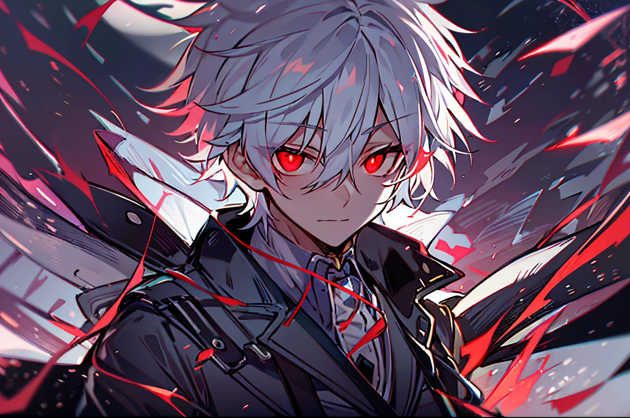 hight resolution,close range、Anime boy with white hair and red eyes staring at camera, Glowing red eyes,slim, dressed in a black outfit,Shadow Body,colorful backdrop,hair messy, Diagonal angle
