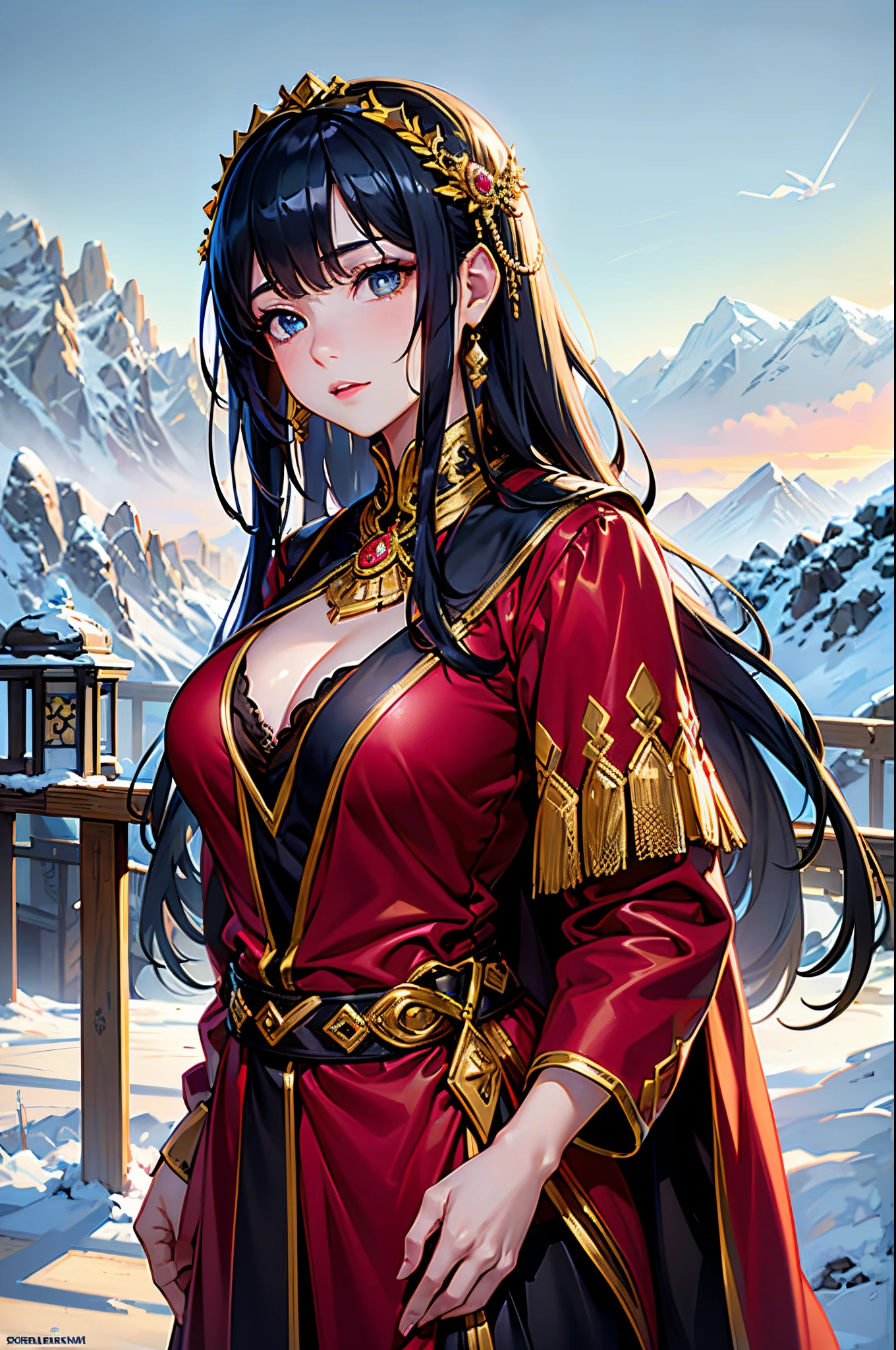 1 girl, (extreme skin luster: 1.4), (extreme light and shadow changes), (gorgeous costume: 1.5), (detailed face and eyes: 1.3), (shiny colored eyes: 1.5), intricate hair decoration.

The young girl in the painting is dressed in a red robe, as if her snow-white face is more delicate under the lining. She slightly tilts her head and her gaze is calm, as if she is thinking about something. The mountains and the sky in the background are finely depicted, making the whole painting look more realistic.

(realism: 1.3), (extreme complexity: 1.2), (realistic photo: 1.3), (surrealism: 1.4), volumetric lighting, cinematic lighting, cinematic effects, portrait of a girl.