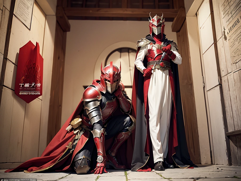 ((Masterpiece, highest quality)), character sheet, Full body, full of details, multiple poses, highly detailed, depth, many parts, one man, Red knight, sword, Black Cape, Glowing red eyes, menacing look, Red armor, Helmet armor, Cover face